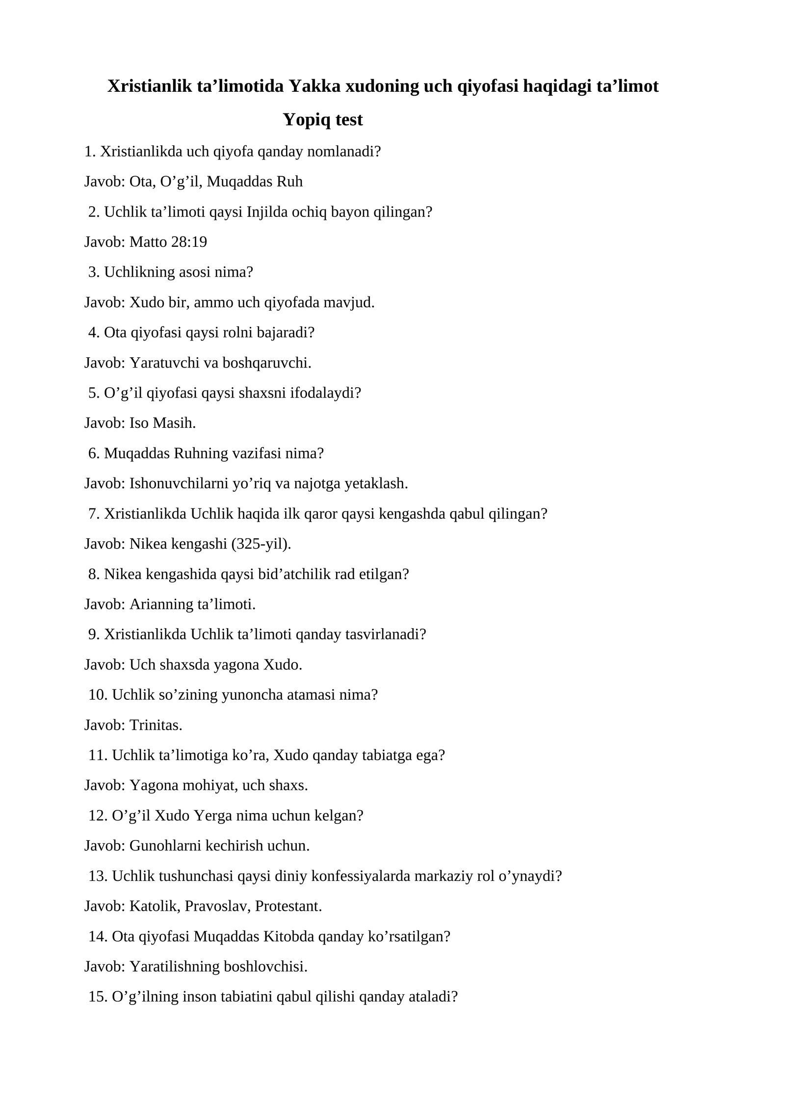 Xristianlik ta’limotida Yakka xudoning uch qiyofasi haqidagi ta'limot