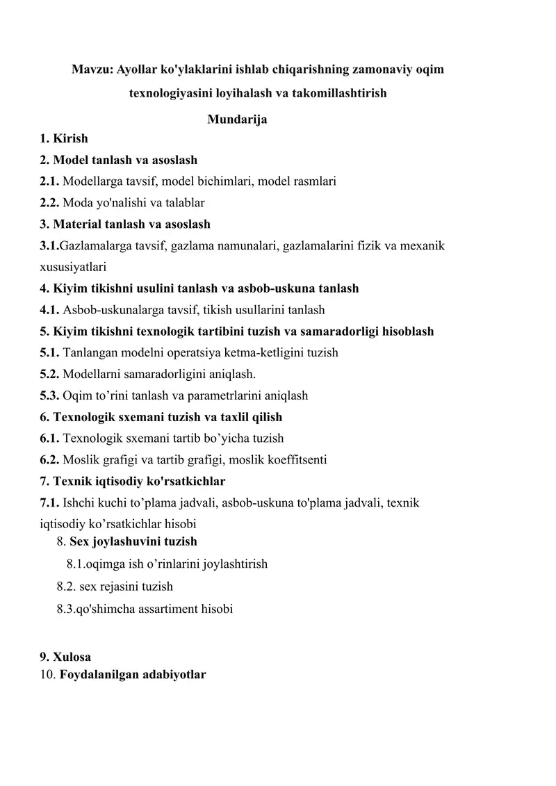 Ayollar ko'ylaklarini ishlab chiqarishning zamonaviy oqim texnologiyasini loyihalash va takomillashtirish