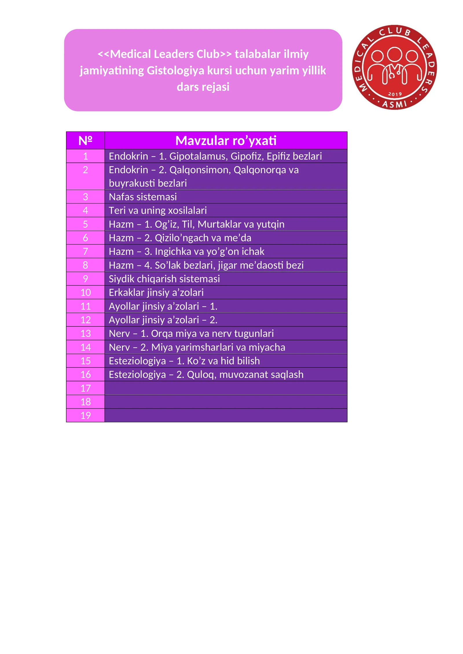 <<Medical Leaders Club>> talabalar ilmiy jamiyatining Gistologiya kursi uchun yarim yillik dars rejasi