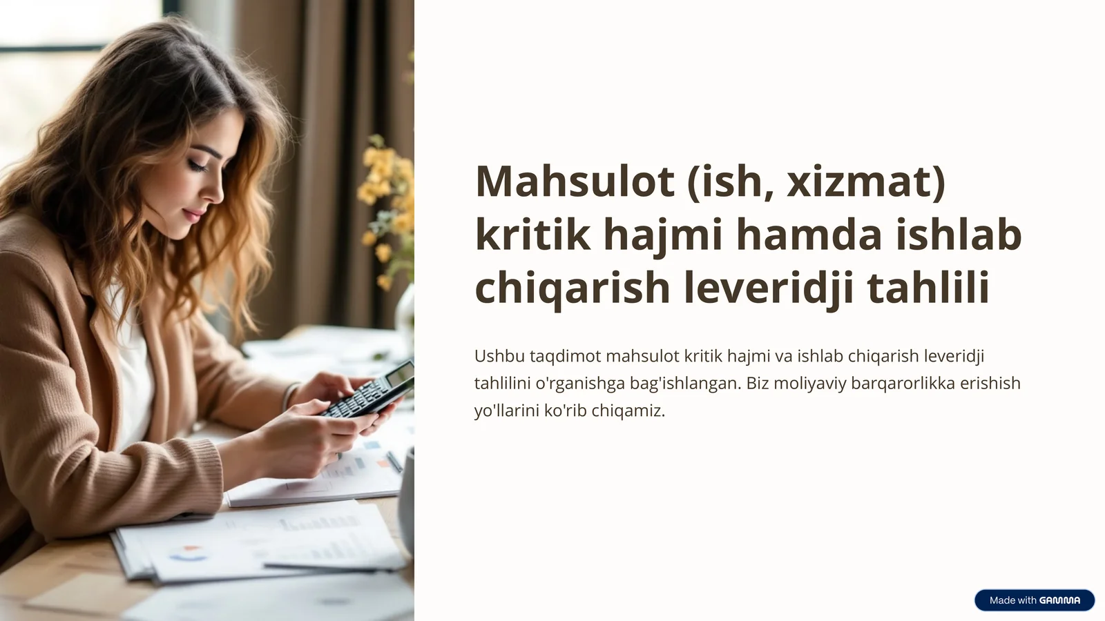 Mahsulot kritik hajmi va ishlab chiqarish leveridji tahlili PPT | Iqtisodiy tahlil prezentatsiya