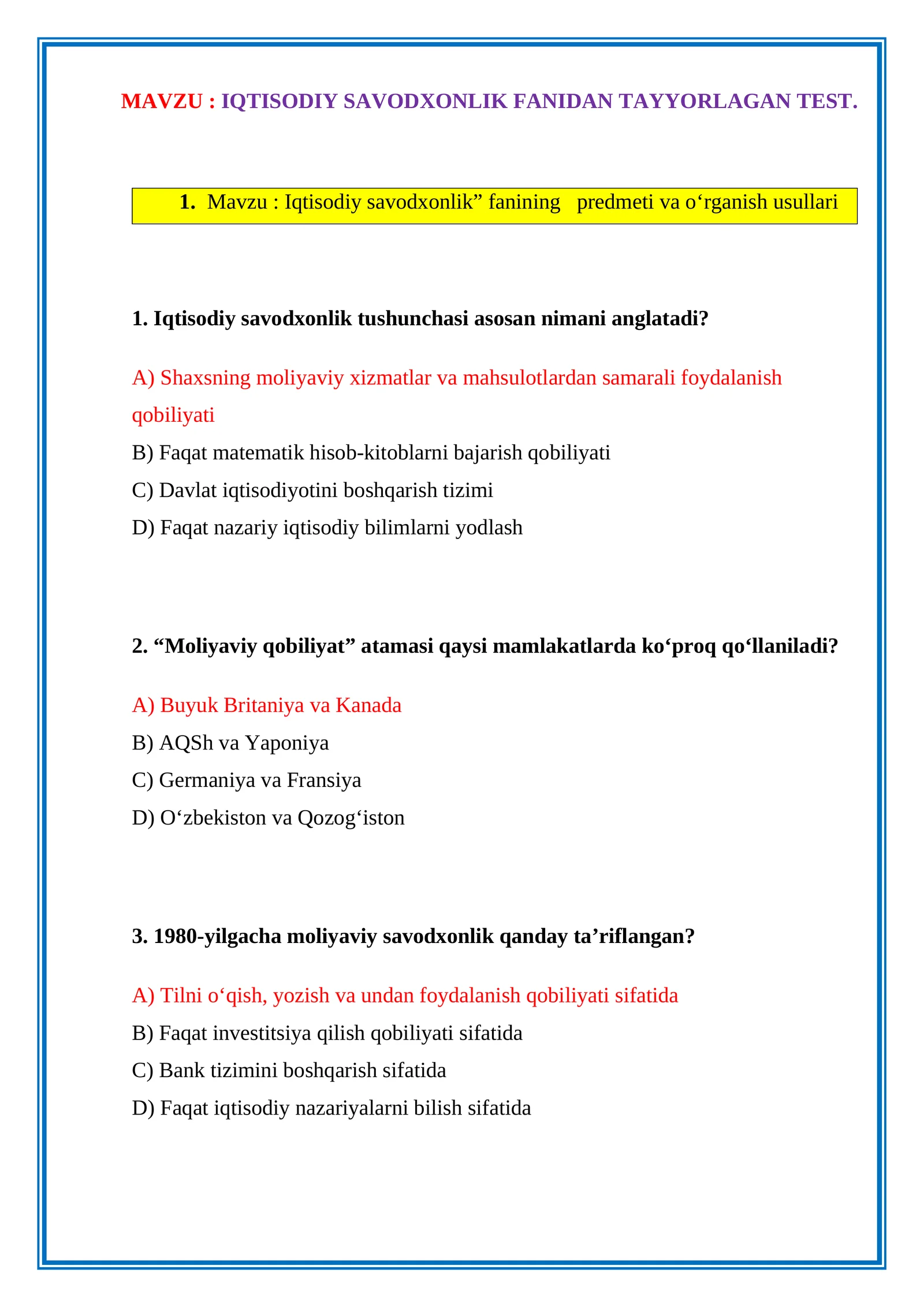 IQTISODIY SAVODXONLIK FANIDAN TAYYORLAGAN TEST. JAVOBLARI BILAN