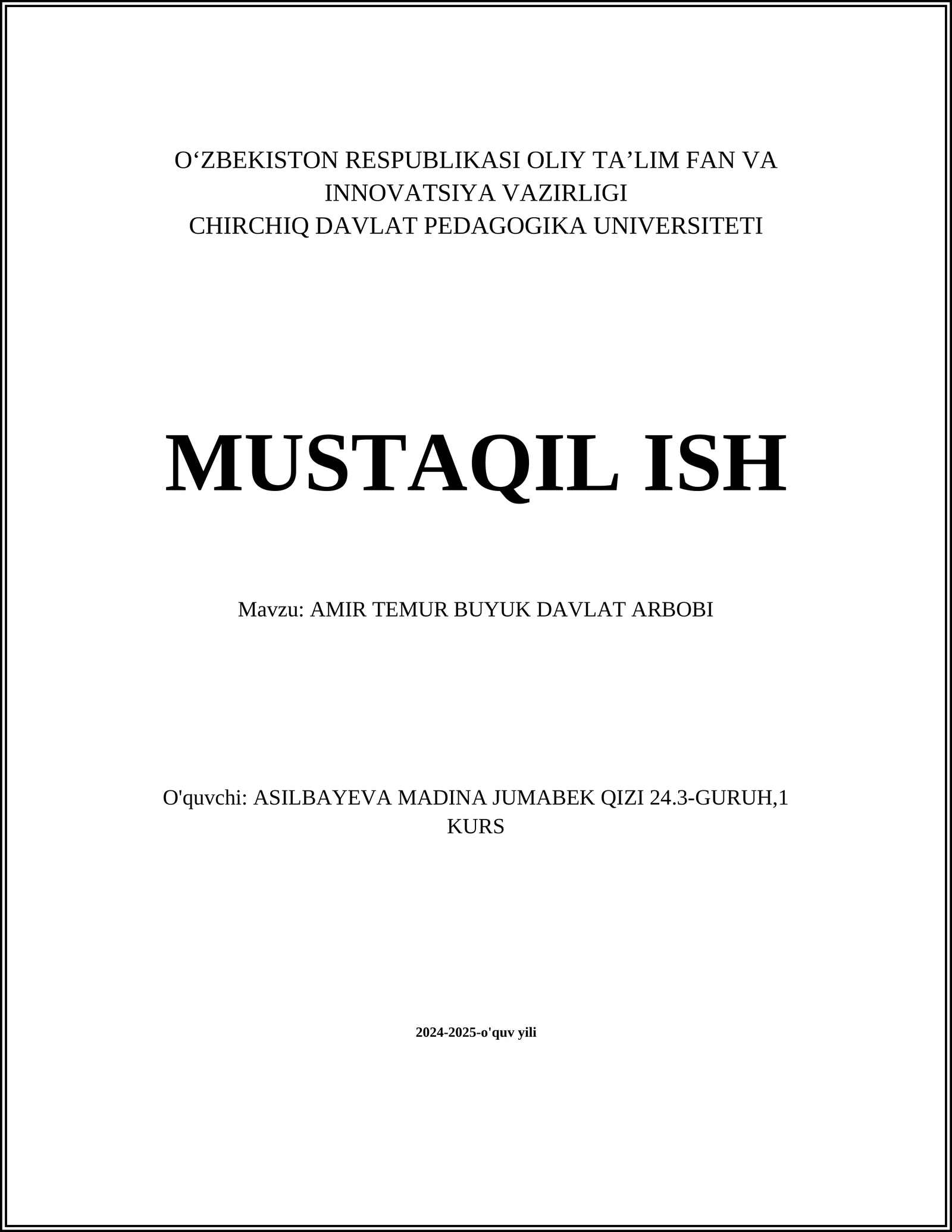 AMIR TEMUR BUYUK DAVLAT ARBOBI