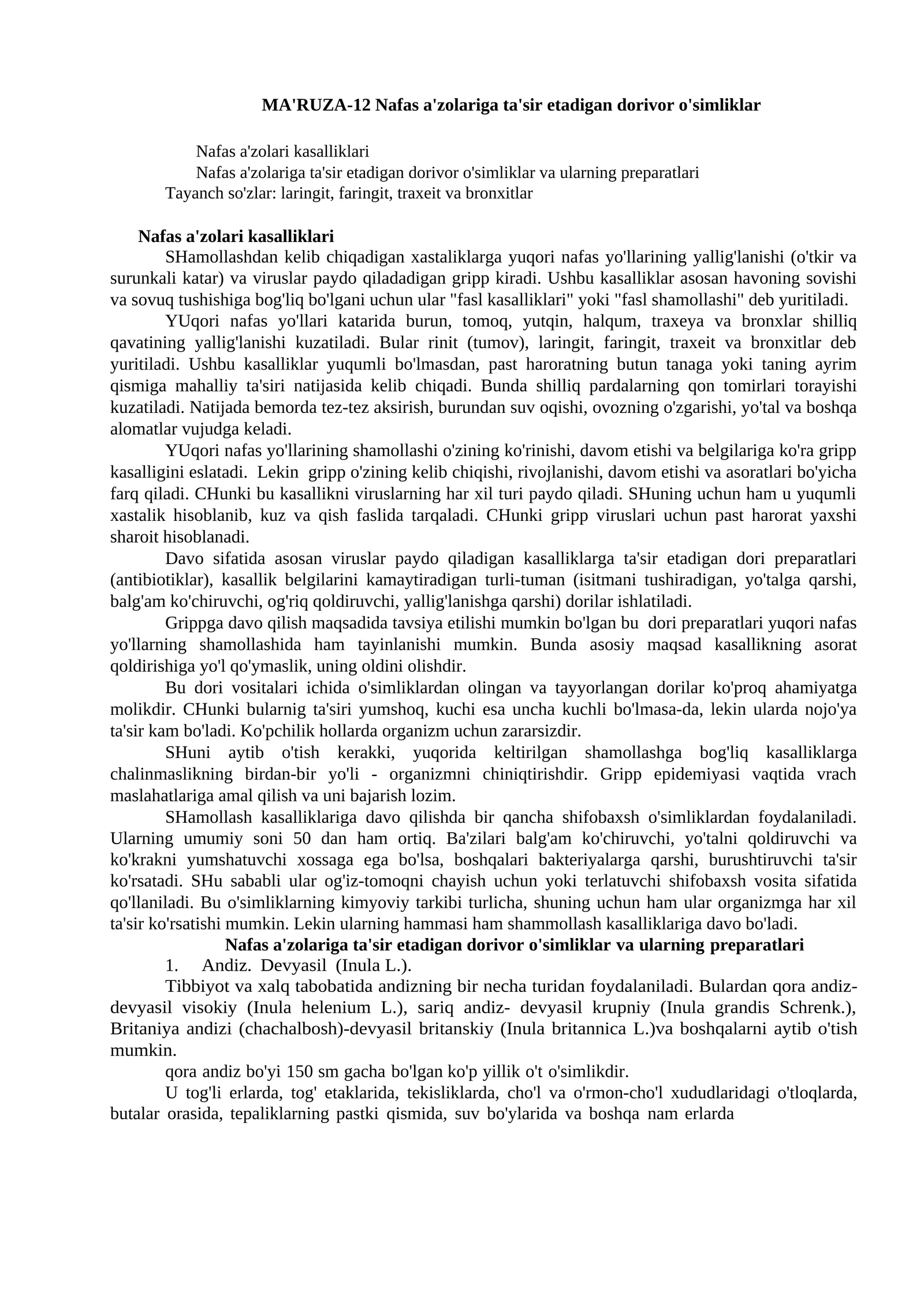 MA'RUZA-12 Nafas a'zolariga ta'sir etadigan dorivor o'simliklar