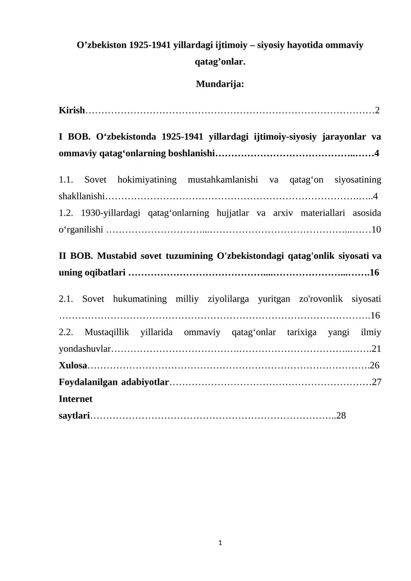 O'zbekiston 1925-1941 yillardagi ijtimoiy – siyosiy hayotida ommaviy qatag'onlar