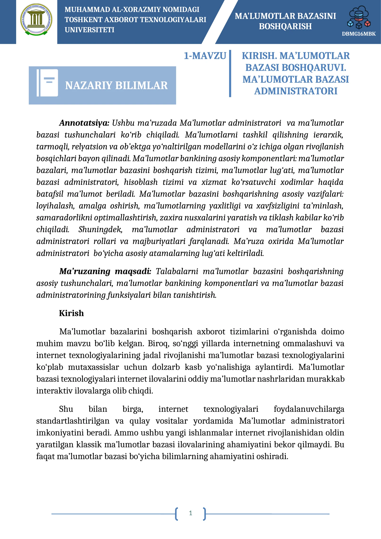 Ma’lumotlar bazasi boshqaruvi. Ma’lumotlar bazasi administratori