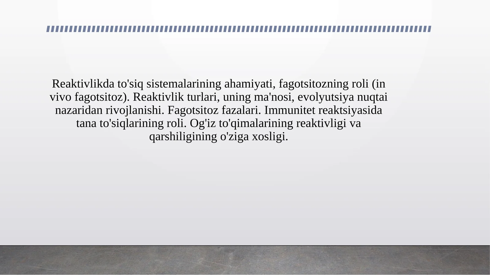 Reaktivlikda to'siq sistemalarining ahamiyati, fagotsitozning roli (in vivo fagotsitoz). Reaktivlik turlari, uning ma'nosi, evolyutsiya nuqtai nazaridan rivojlanishi. Fagotsitoz fazalari. Immunitet reaktsiyasida tana to'siqlarining roli. Og'iz to'qimalarining reaktivligi va qarshiligining o'ziga xosligi.