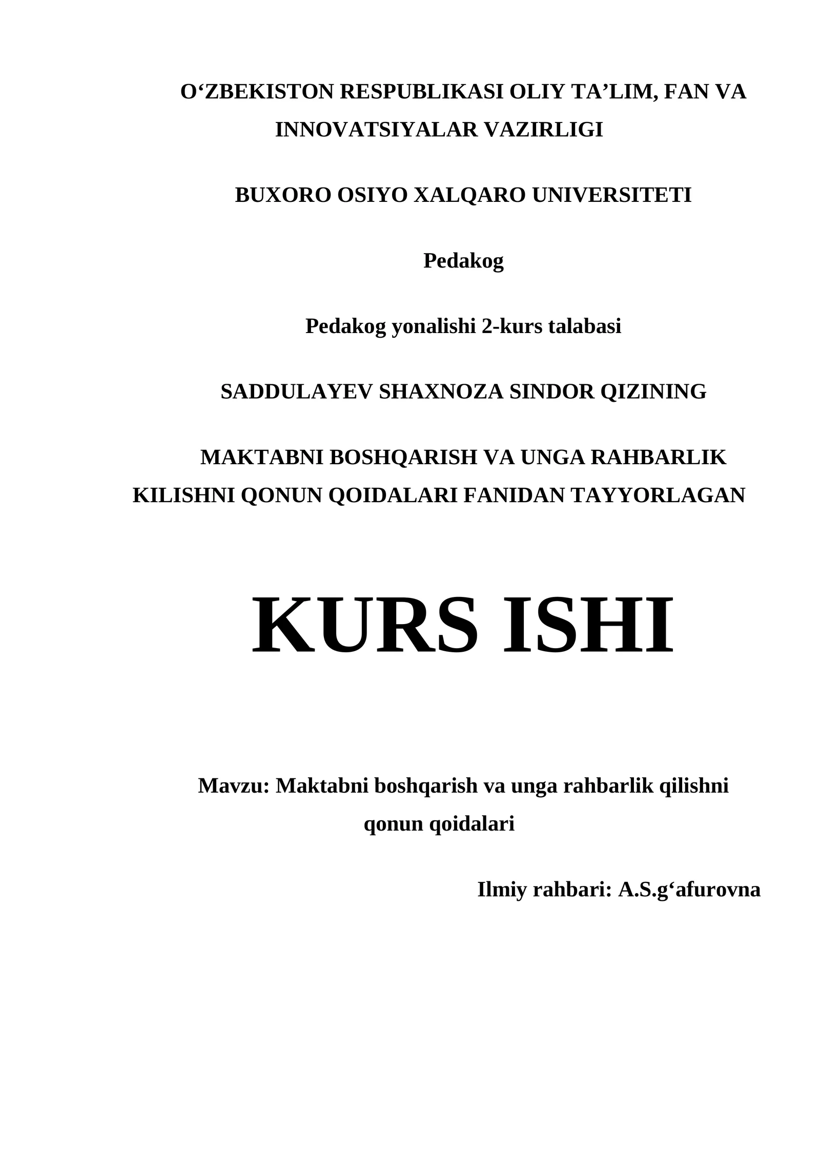 MAKTABNI BOSHQARISH VA UNGA RAHBARLIK QILISHNI QONUN QOIDALARI