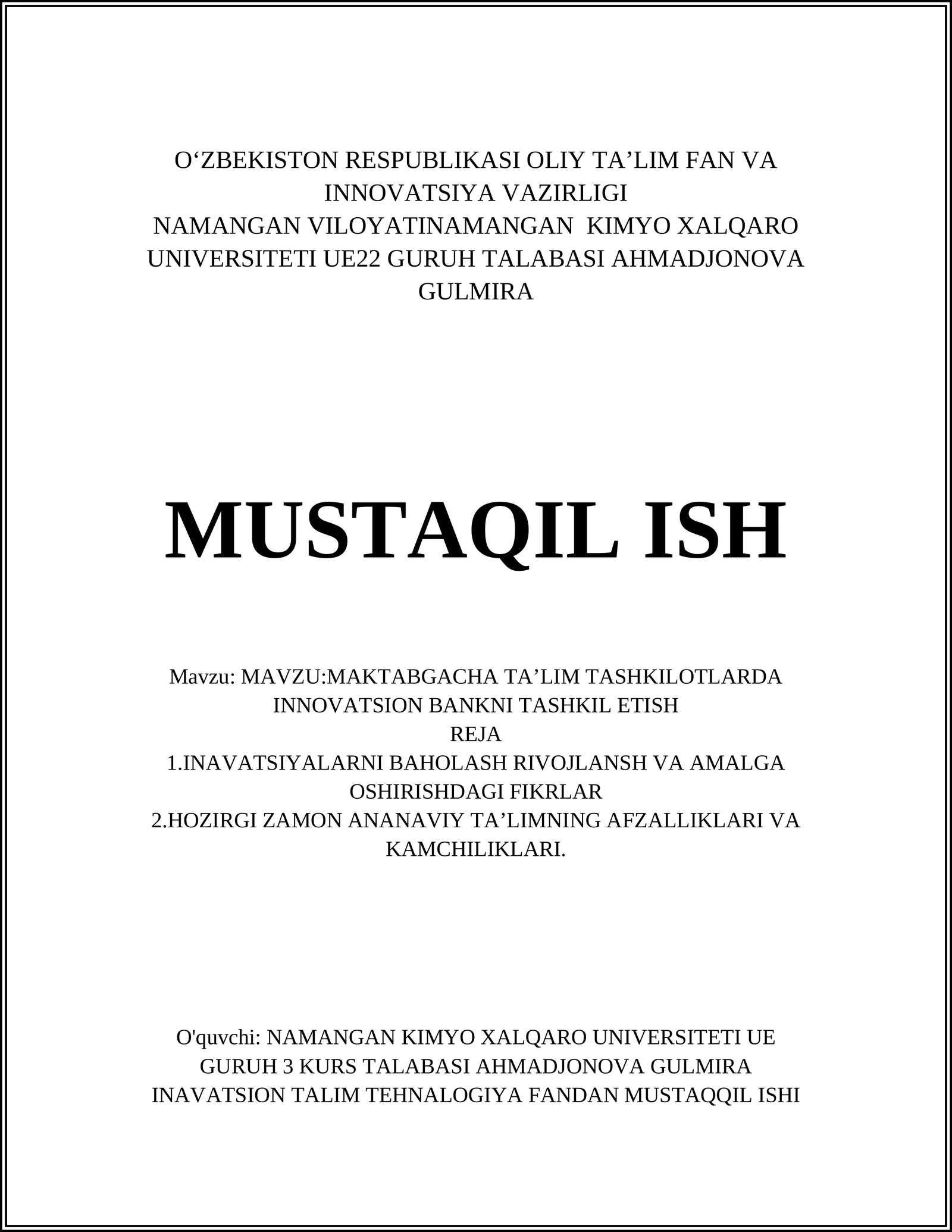 MAKTABGACHA TAʼLIM TASHKILOTLARDA INNOVATSION BANKNI TASHKIL ETISH