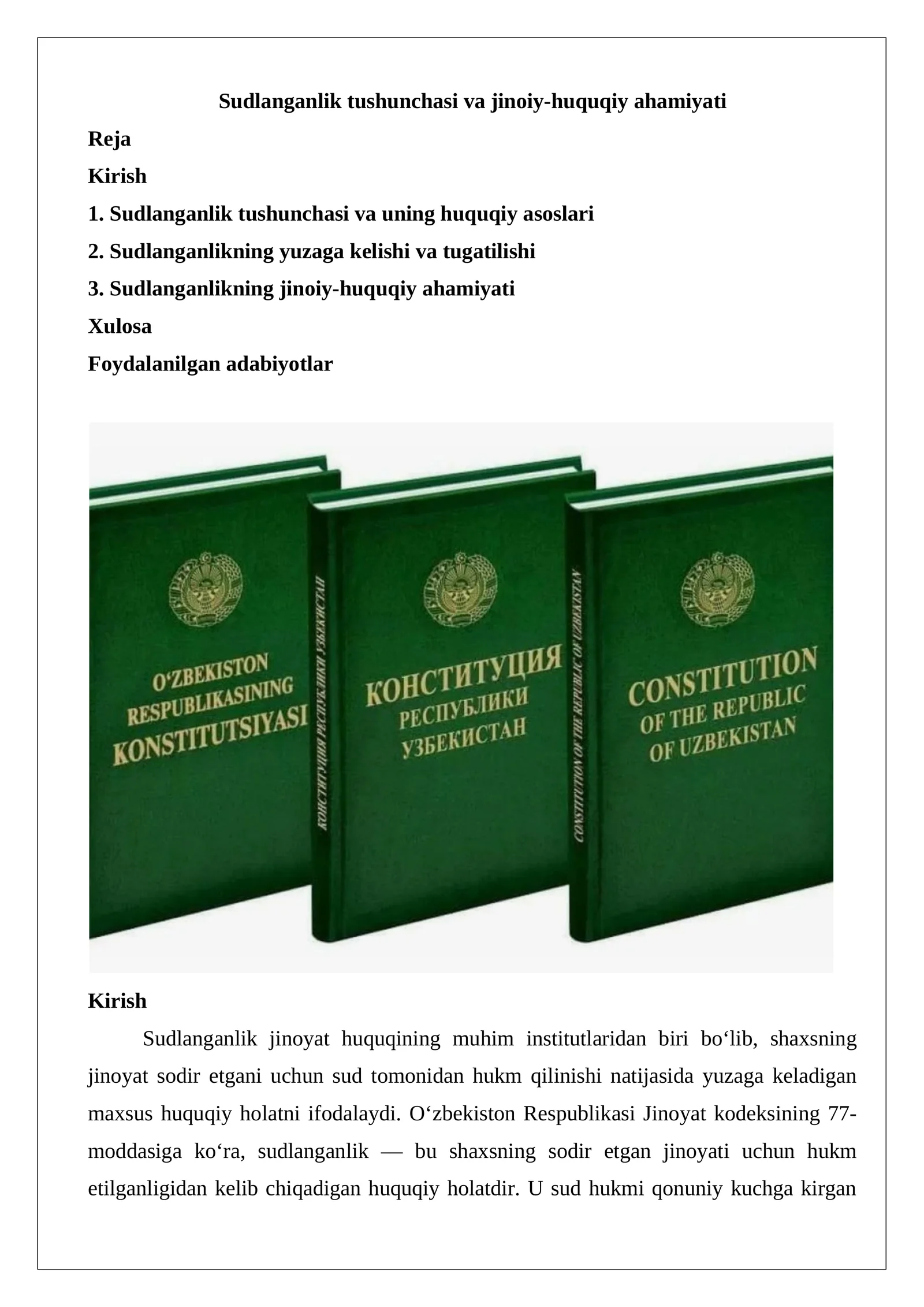 Sudlanganlik tushunchasi va jinoiy-huquqiy ahamiyati