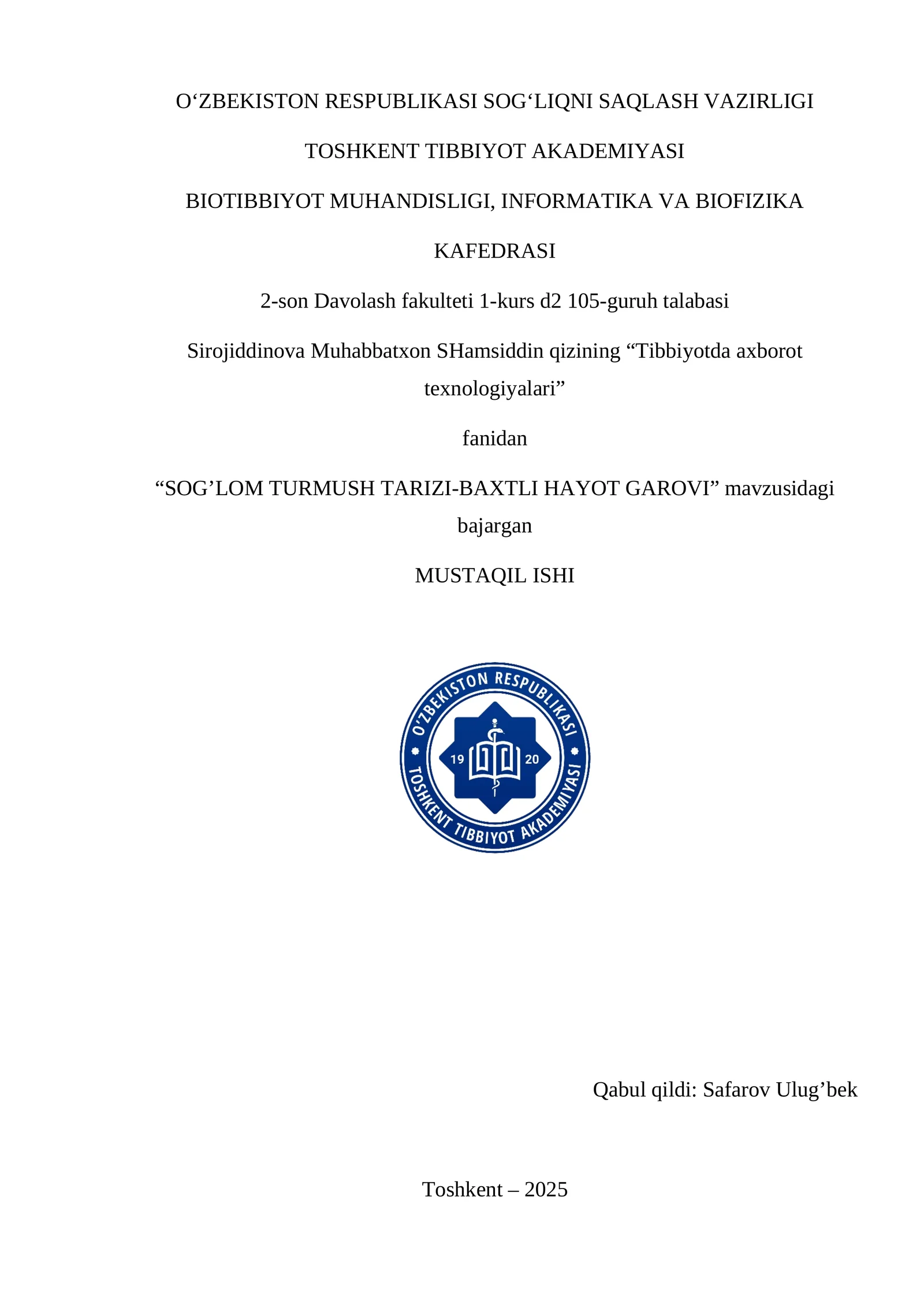 SOG’LOM TURMUSH TARIZI-BAXTLI HAYOT GAROVI