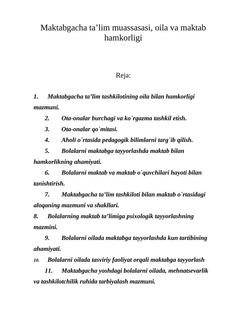 Maktabgacha ta’lim muassasasi, oila va maktab hamkorligi