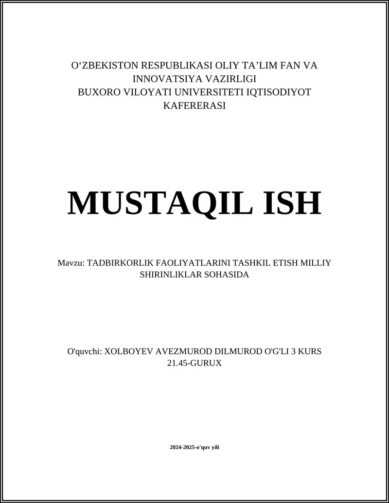 Milliy shirinliklar bozorini o'rganish