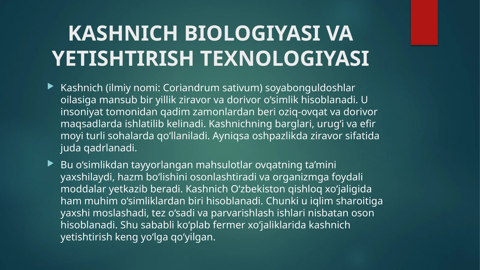 KASHNICH BIOLOGIYASI VA YETISHTIRISH TEXNOLOGIYASI