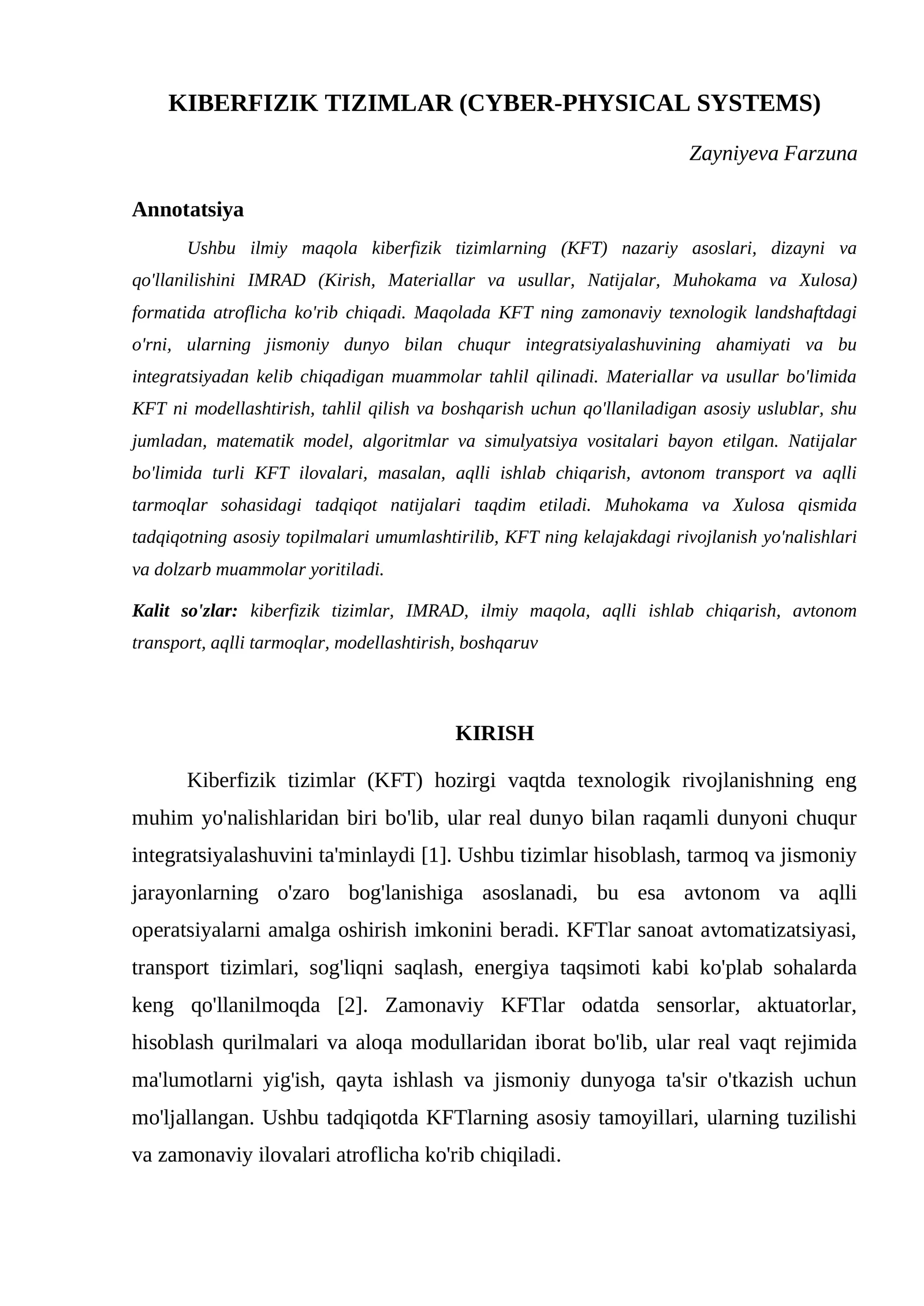 KIBERFIZIK TIZIMLAR (CYBER-PHYSICAL SYSTEMS)