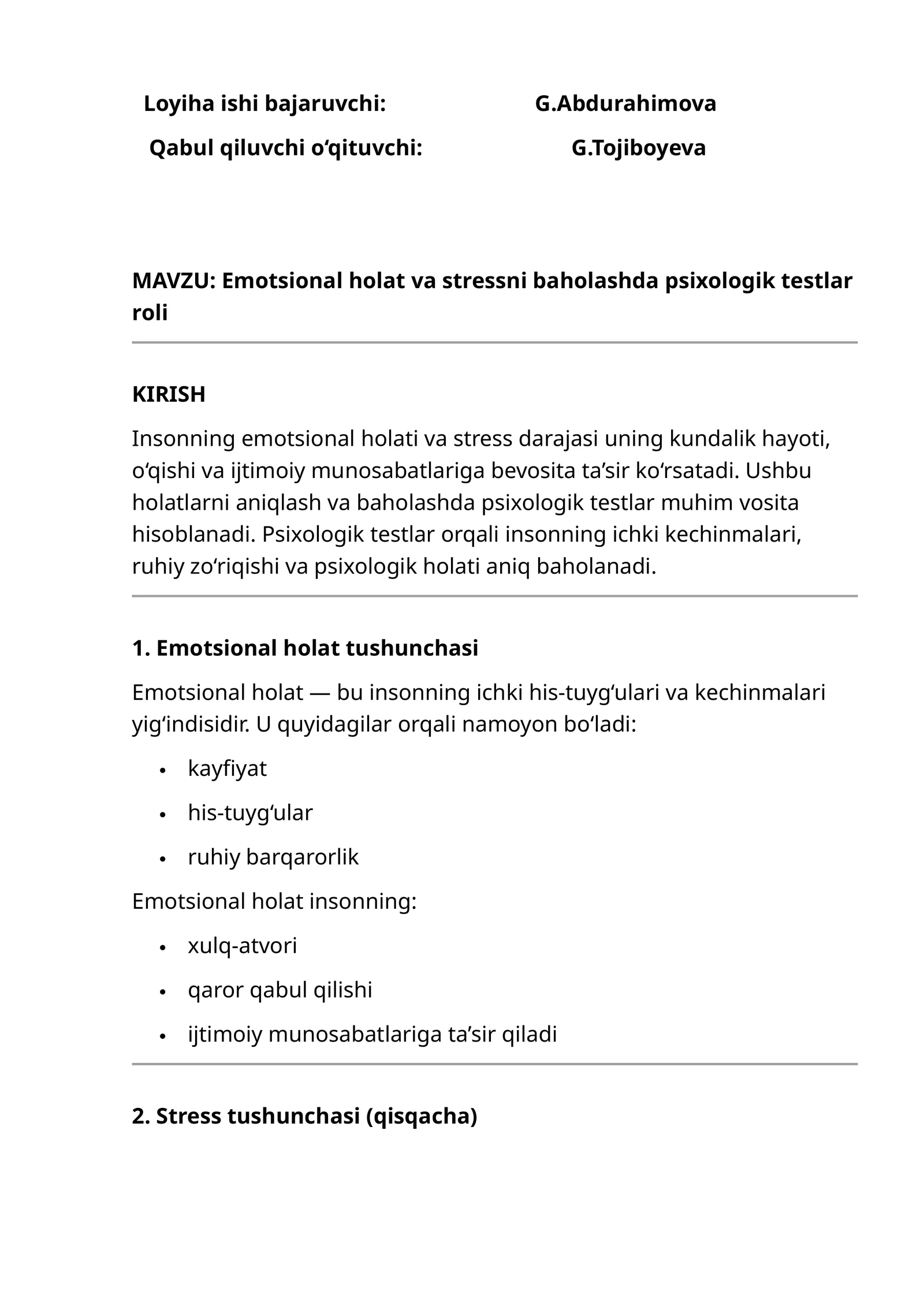 Emotsional holat va stressni baholashda psixologik testlar roli