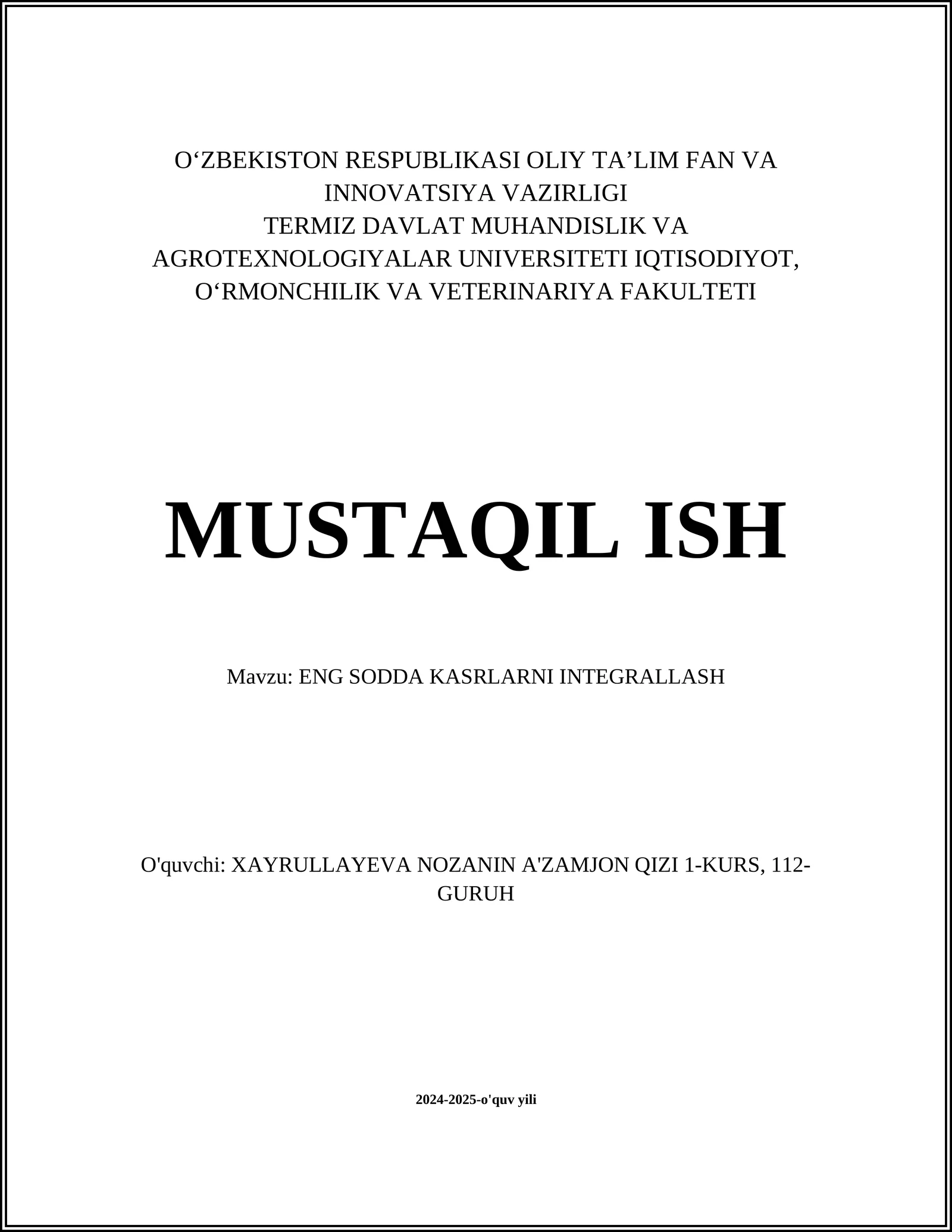 ENG SODDA KASRLARNI INTEGRALLASH