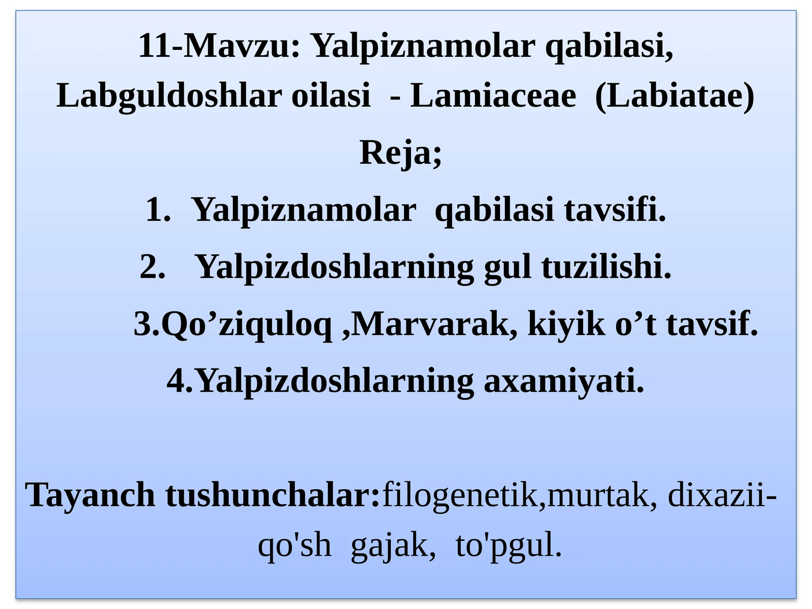 Yalpiznamolar qabilasi, Labguldoshlar oilasi - Lamiaceae (Labiatae)