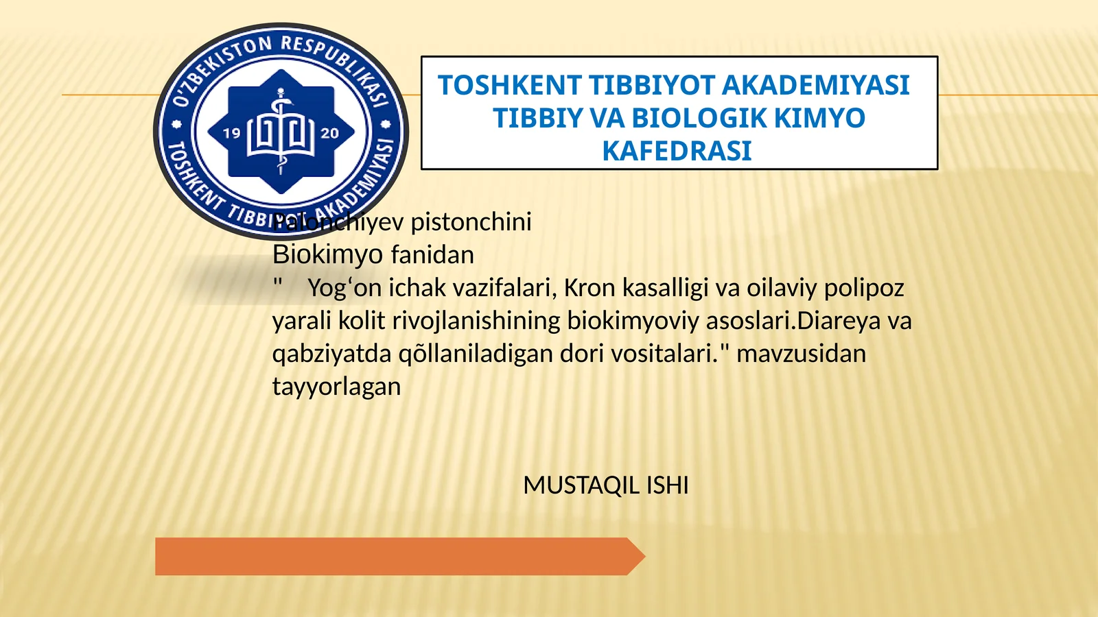 Palonchiyev Pistonchini Biokimyofanidan "Yog‘onichakvazifalari, Kronkasalligivaoilaviypolipozyaralikolitrivojlanishiningbiokimyoviyasoslari.Diareyavaqabziyatdaqõllaniladigandorivositalari."