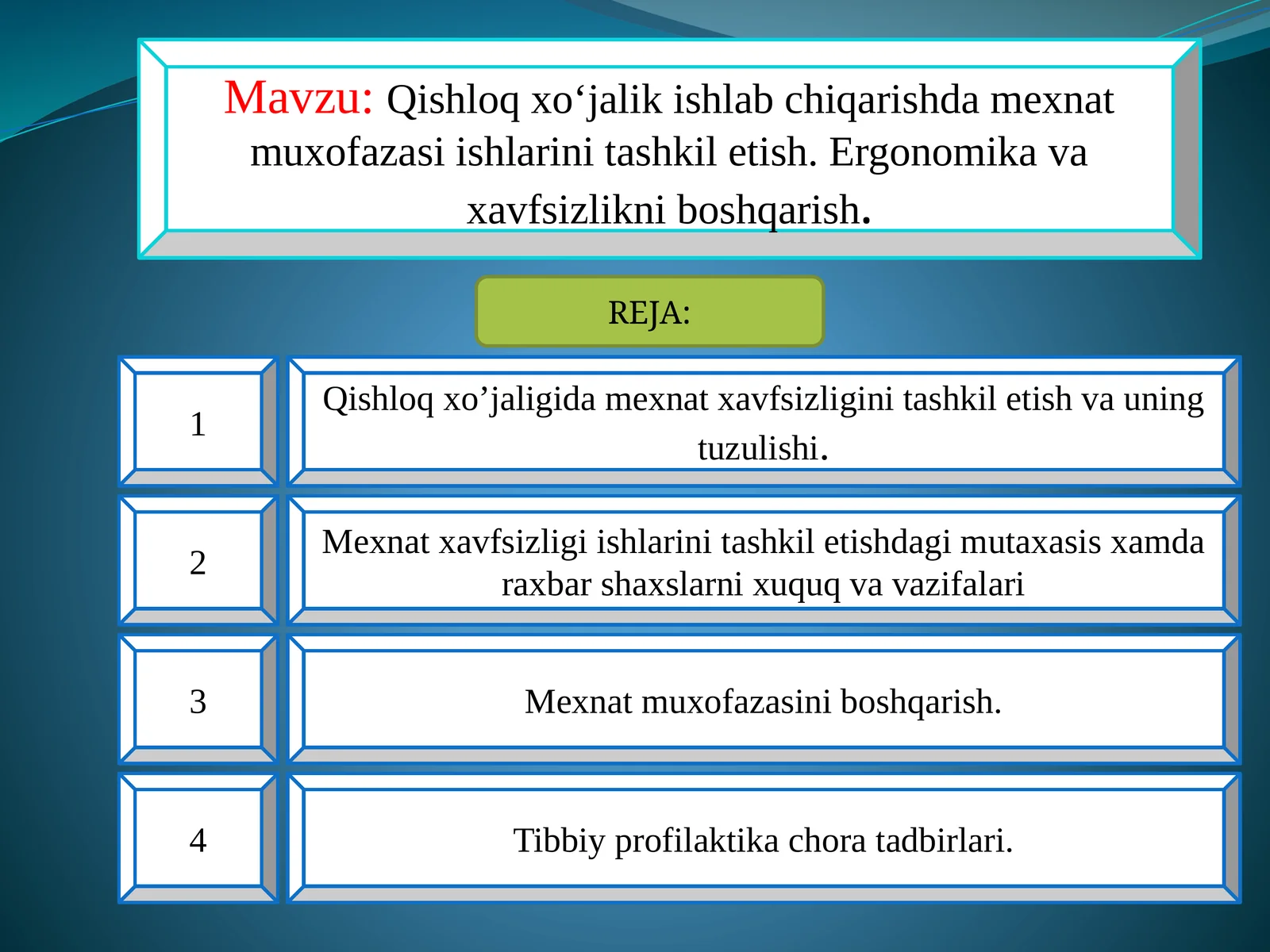 Qishloq xo‘jalik ishlab chiqarishda mehnat muxofazasi ishlarini tashkil etish. Ergonomik va xavfsizlikni boshqarish