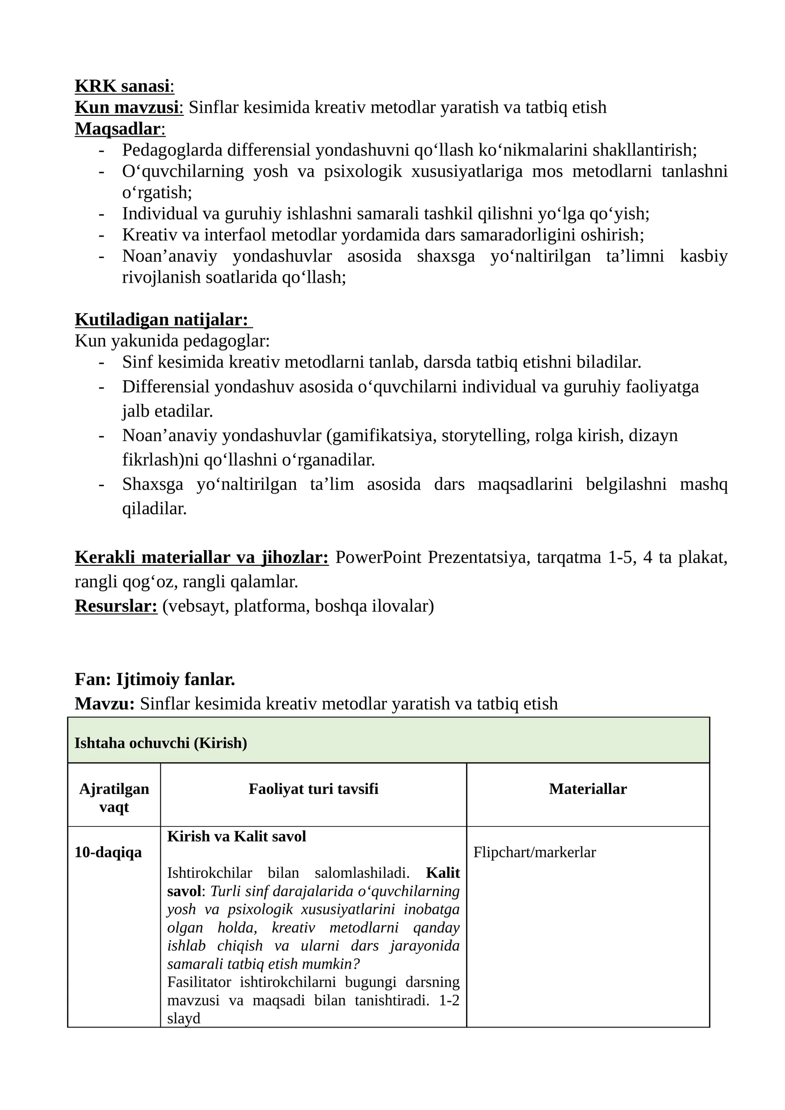 Sinflar kesimida kreativ metodlar yaratish va tatbiq etish