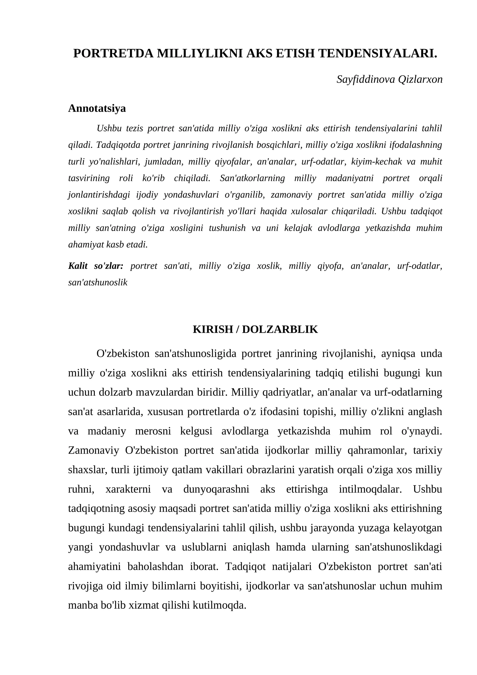PORTRETDA MILLIYLIKNI AKS ETISH TENDENSIYALARI