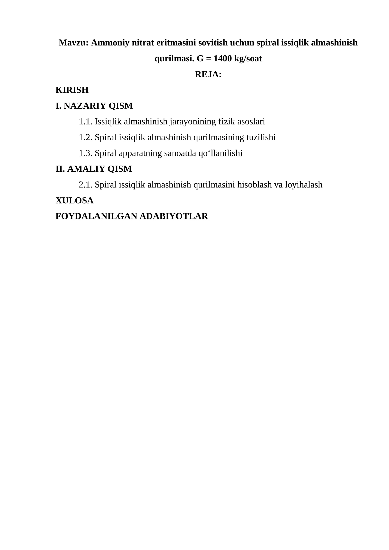 Ammoniy nitrat eritmasini sovitish uchun spiral issiqlik almashinish qurilmasi. G = 1400 kg/soat