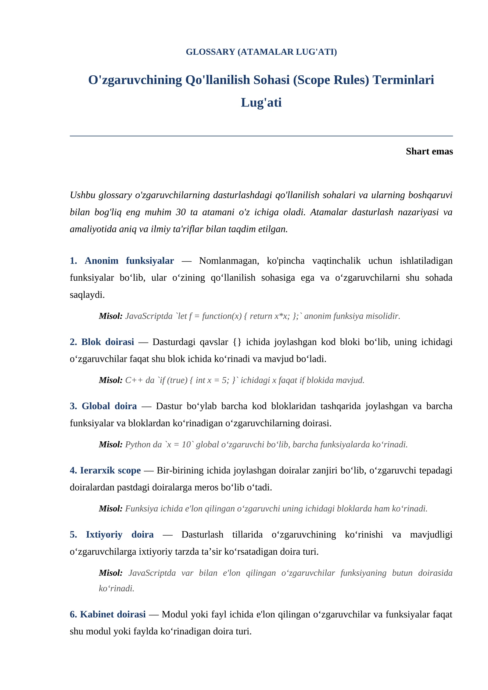 O'zgaruvchining Qo'llanilish Sohasi (Scope Rules) Terminlari Lug'ati