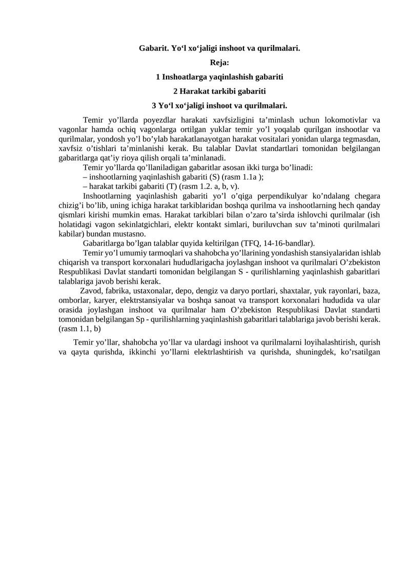 Gabarit. Yo‘l xo‘jaligi inshoot va qurilmalari.