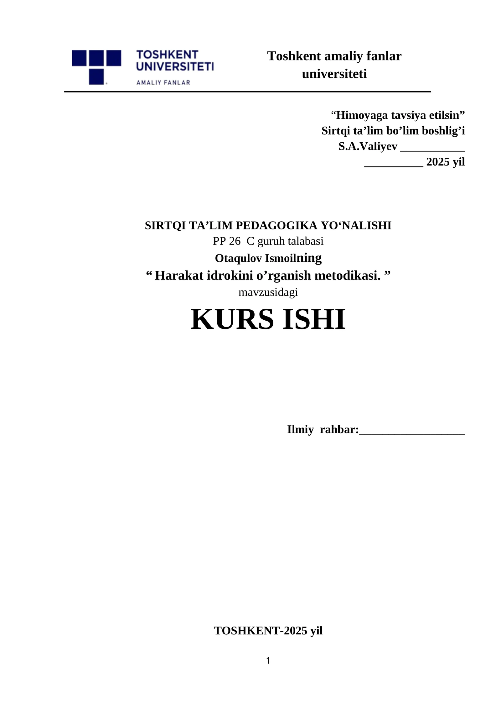 Harakat idrokini o’rganish metodikasi. KURS ISHI