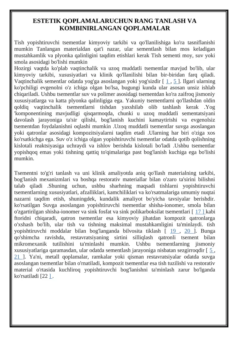 ESTETIK QOPLAMALARUCHUN RANG TANLASH VA KOMBINIRLANGAN QOPLAMALAR