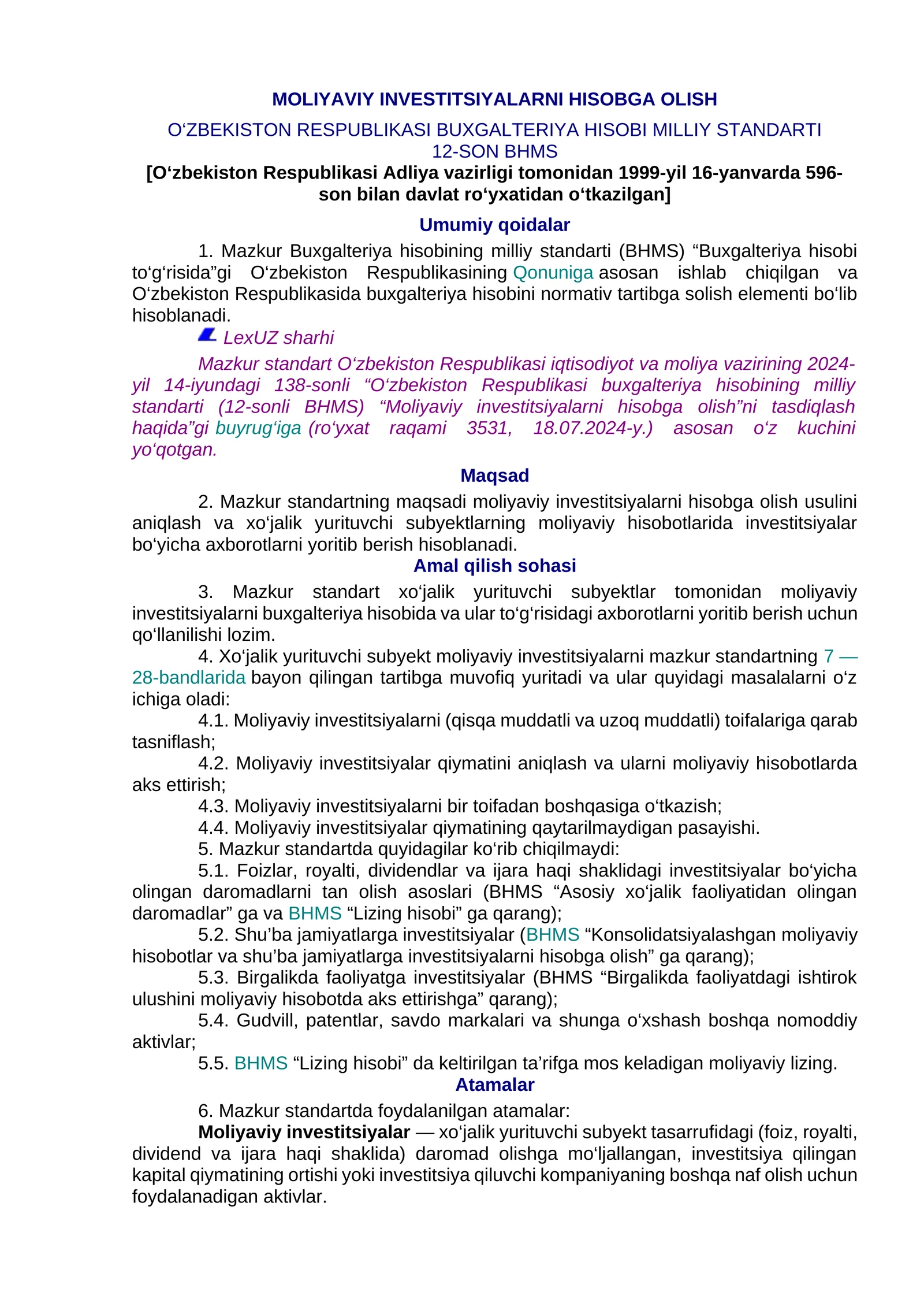 Moliyaviy investitsiyalarni hisobga olish