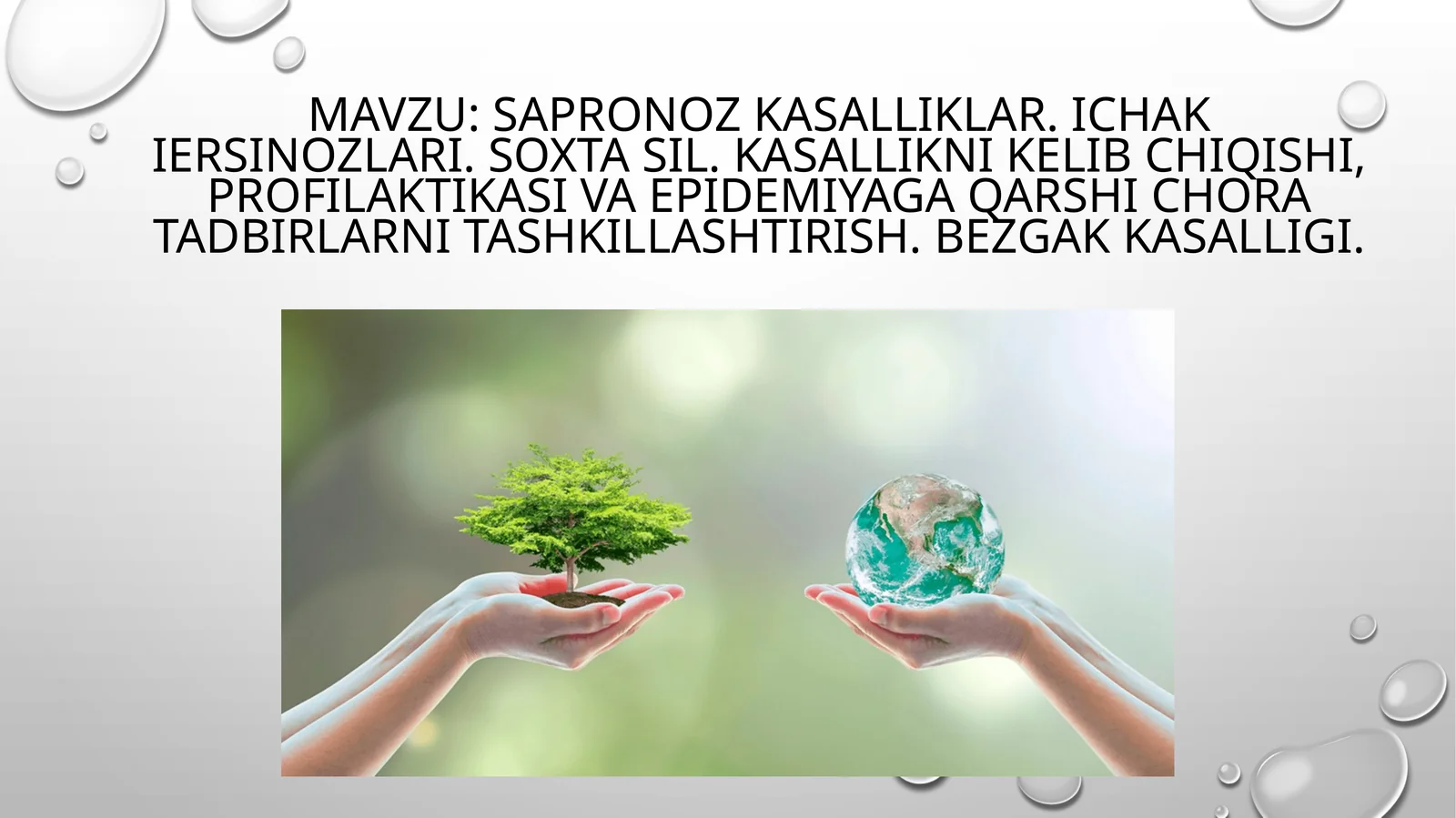 Sapronozkasalliklar. Ichakiersinozlari. Soxta sil. Kasallikni kelib chiqishi, profilaktikasi va epidemiyaga qarshi chora tadbirlarni tashkillashtirish.Bezgakkasalligi