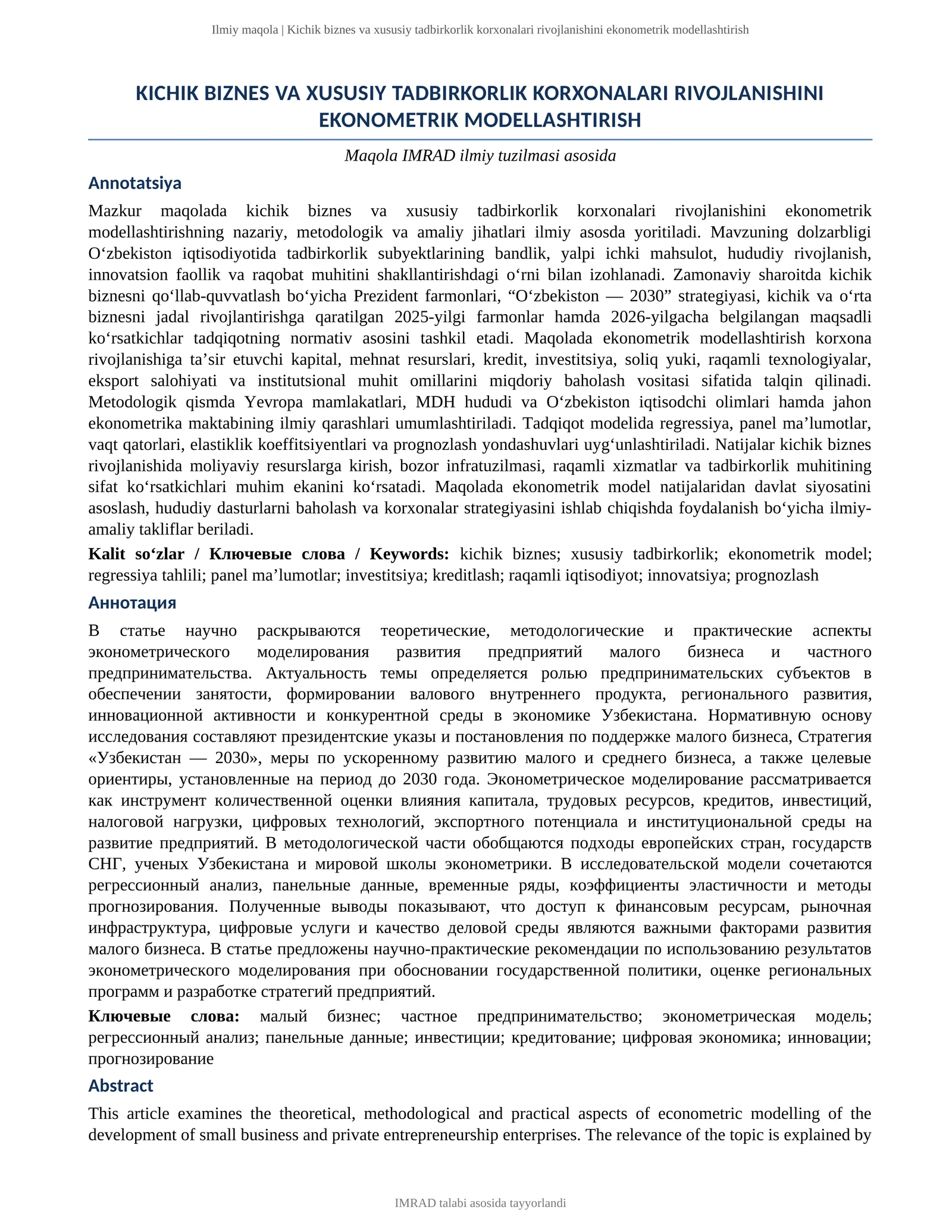 KICHIK BIZNES VA XUSUSIY TADBIRKORLIK KORXONALARI RIVOJLANISHINI EKONOMETRIK MODELLASHTIRISH