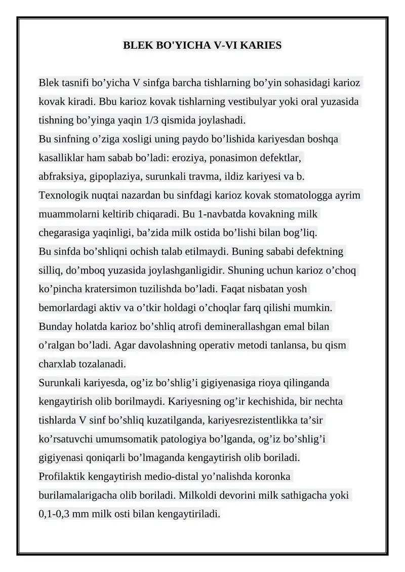 BLEK BO'YICHA V-VI KARIES