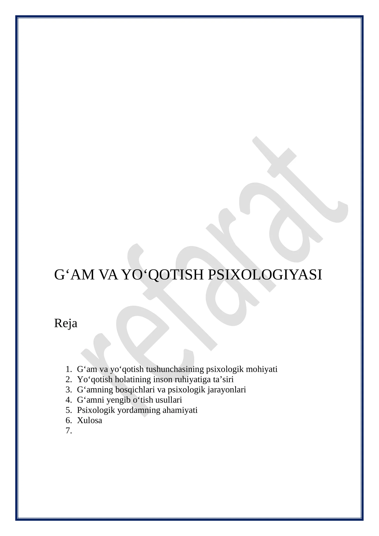 G‘AM VA YO‘QOTISH PSIXOLOGIYASI