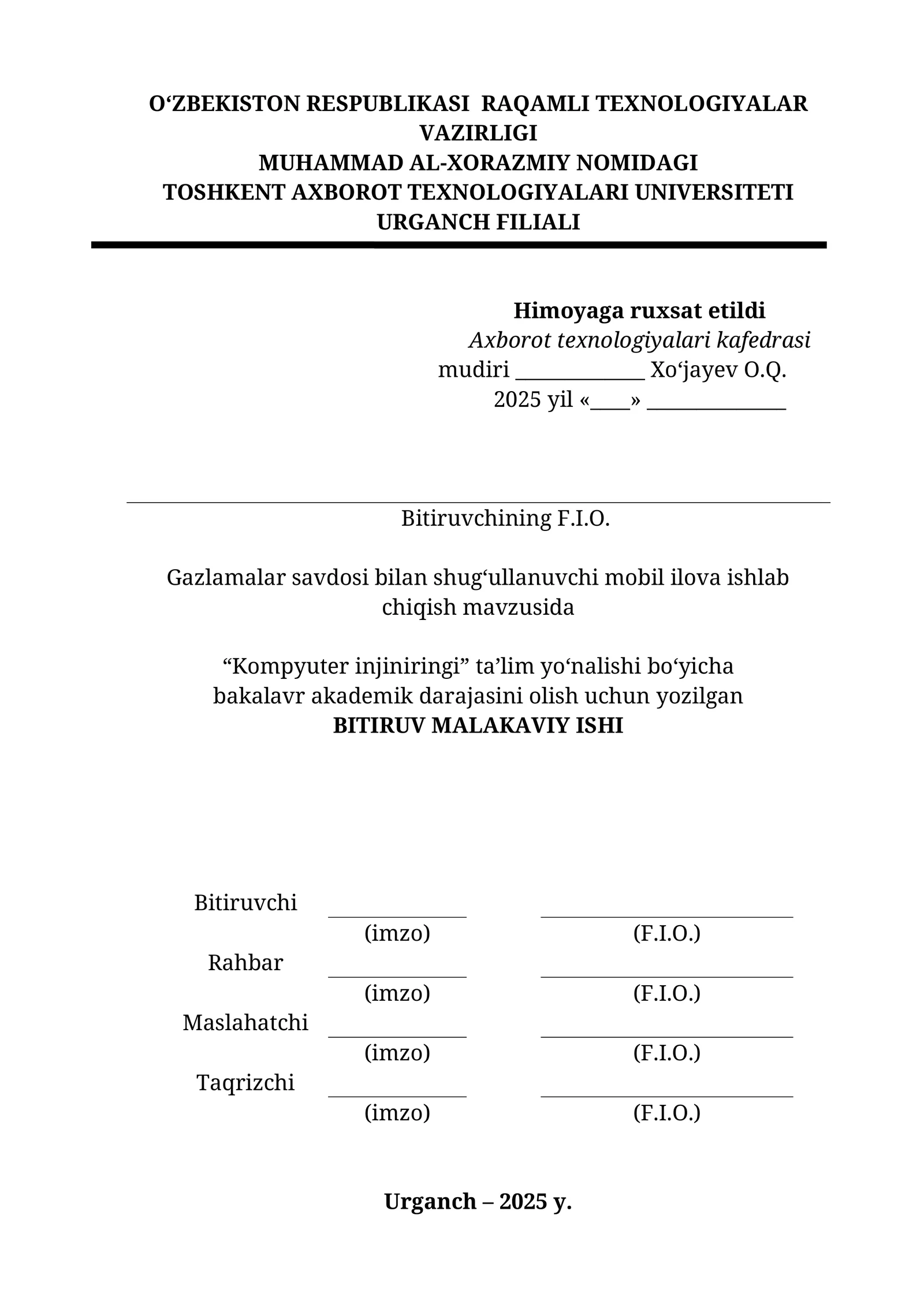 Diplom uchun muqova va ustki qismi