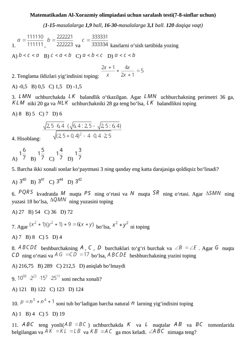 Matematikadan Al-Xorazmiy olimpiadasi uchun saralash testi(7-8-sinflar uchun)