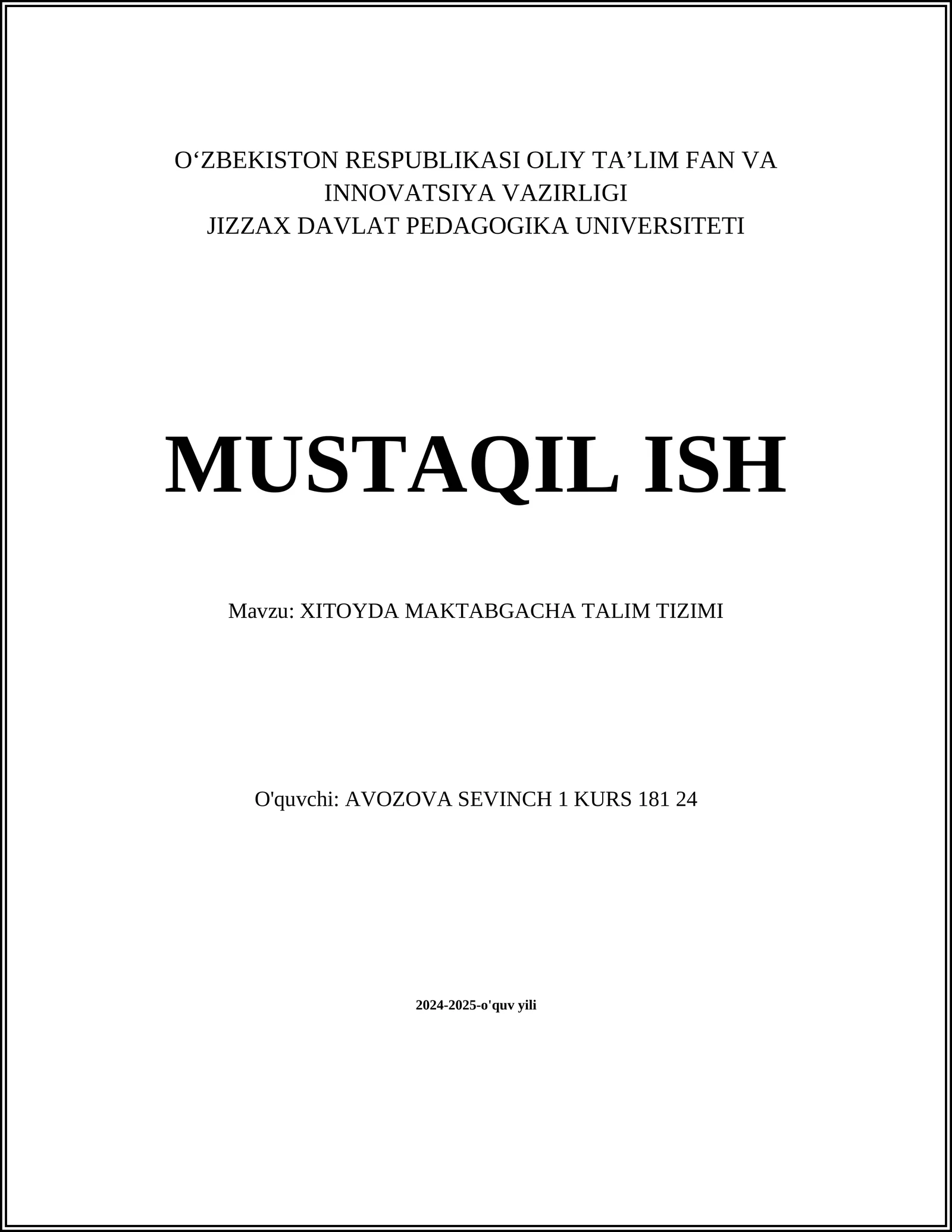 XITOYDA MAKTABGACHA TALIM TIZIMI