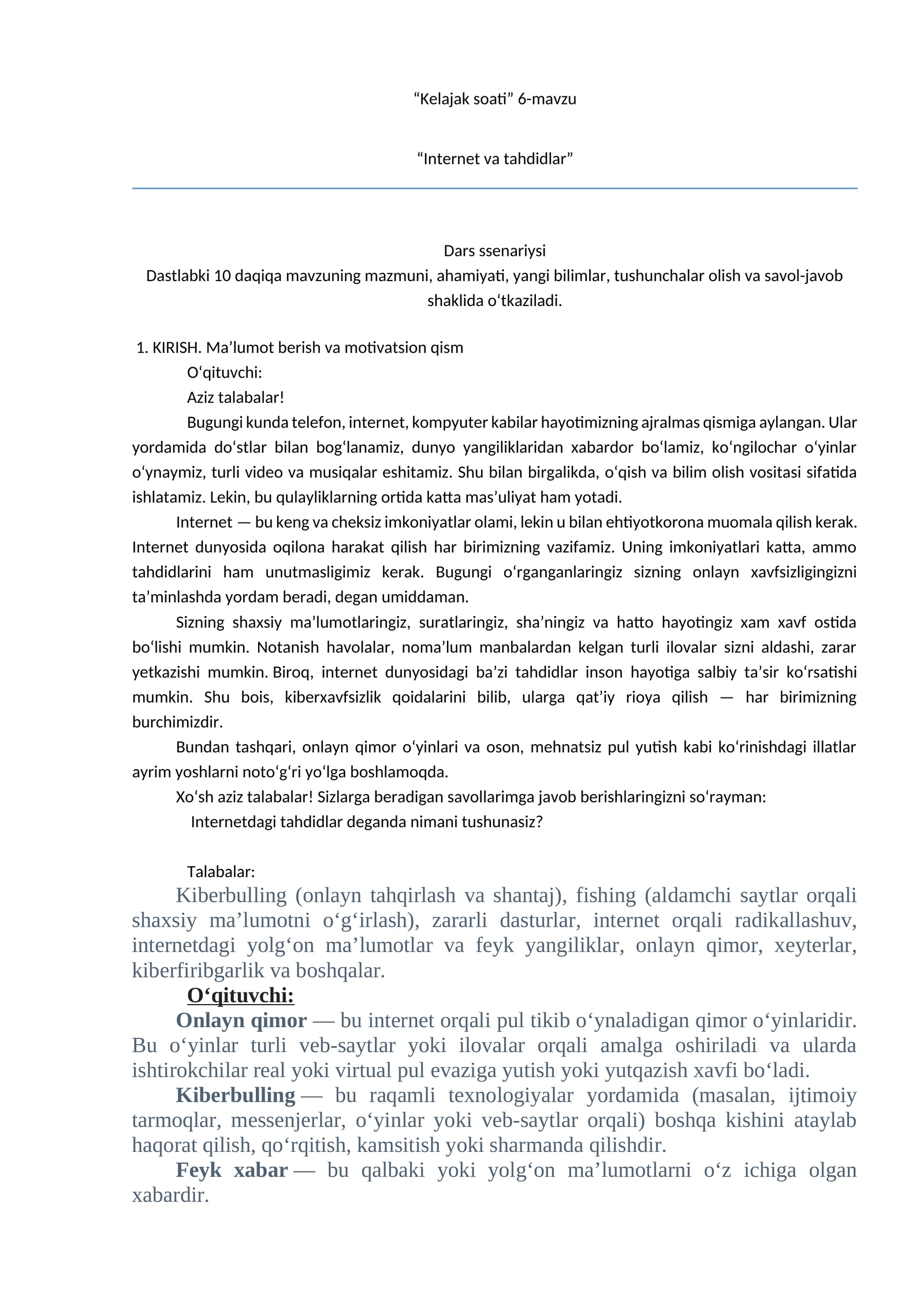 “Kelajak soati” 6-mavzu