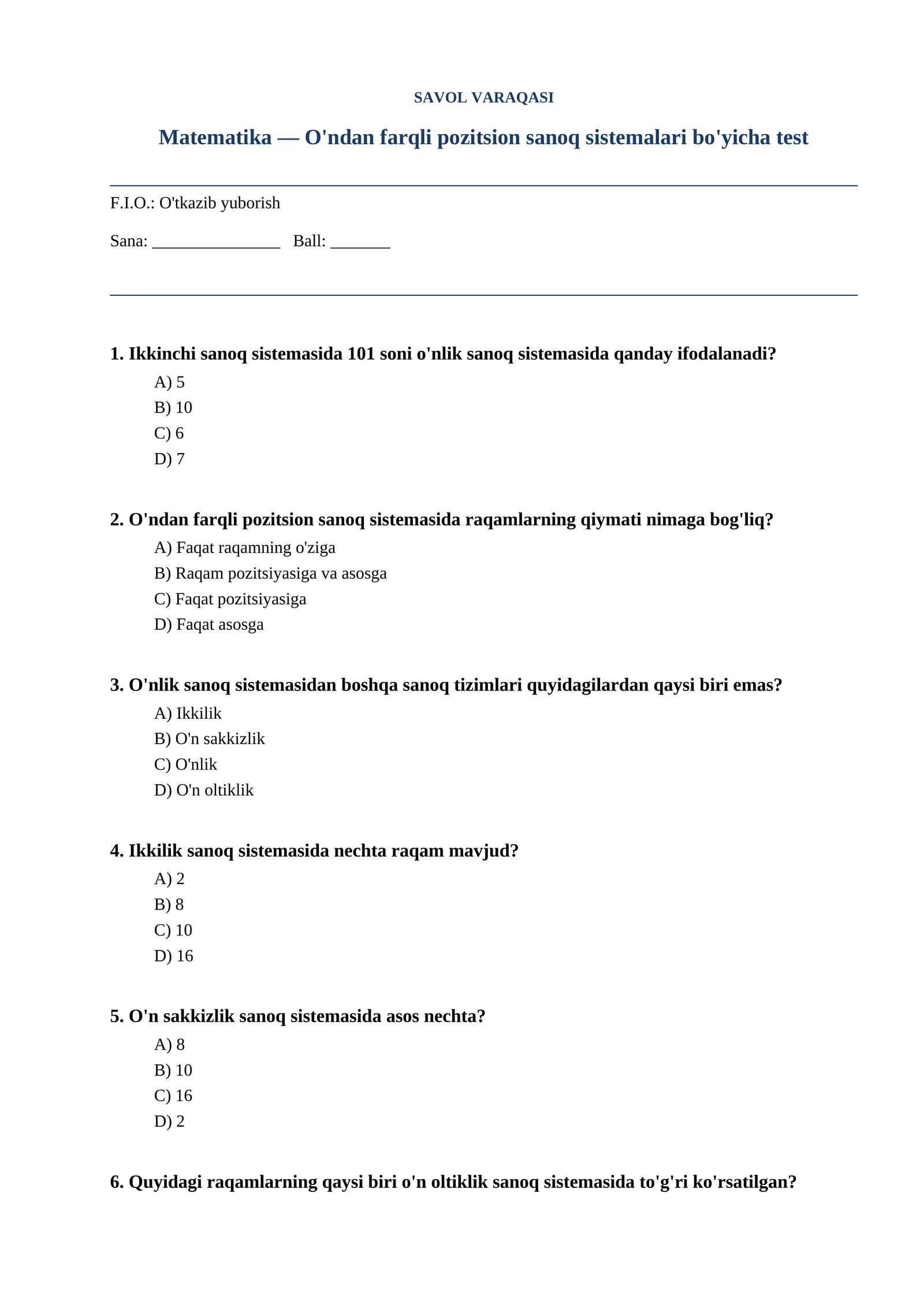 Matematika — O'ndan farqli pozitsion sanoq sistemalari bo'yicha test