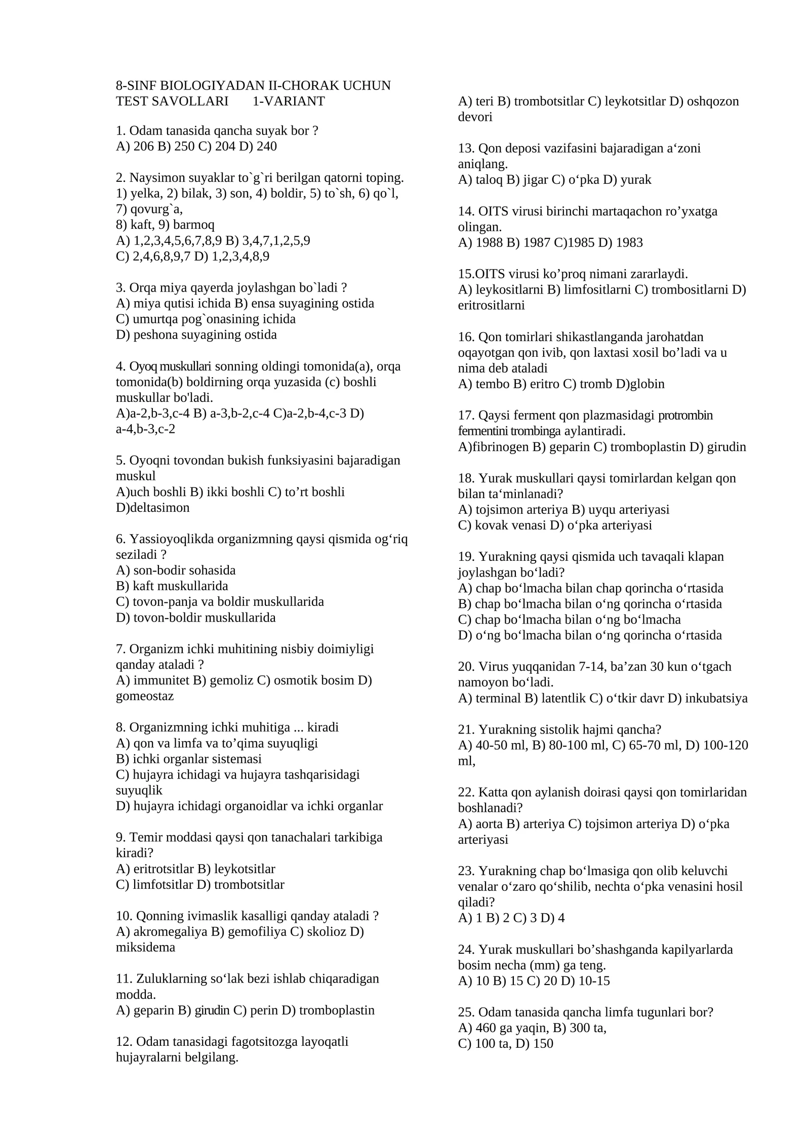8-SINF BIOLOGIYADAN II-CHORAK UCHUN TEST SAVOLLARI 1-VARIANT