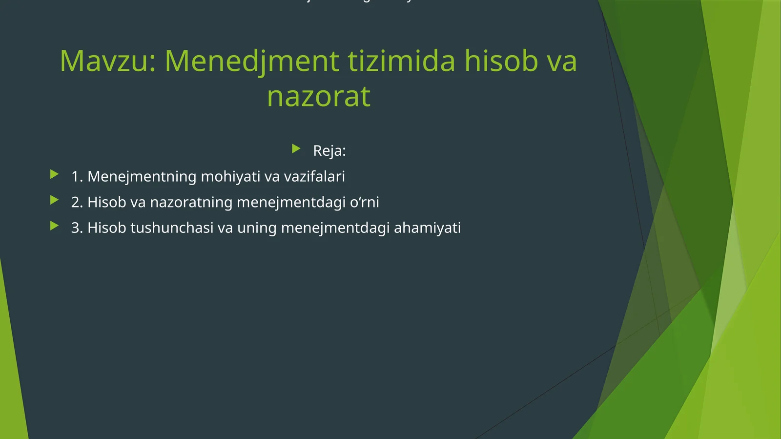 Menedjment tizimida hisob va nazorat