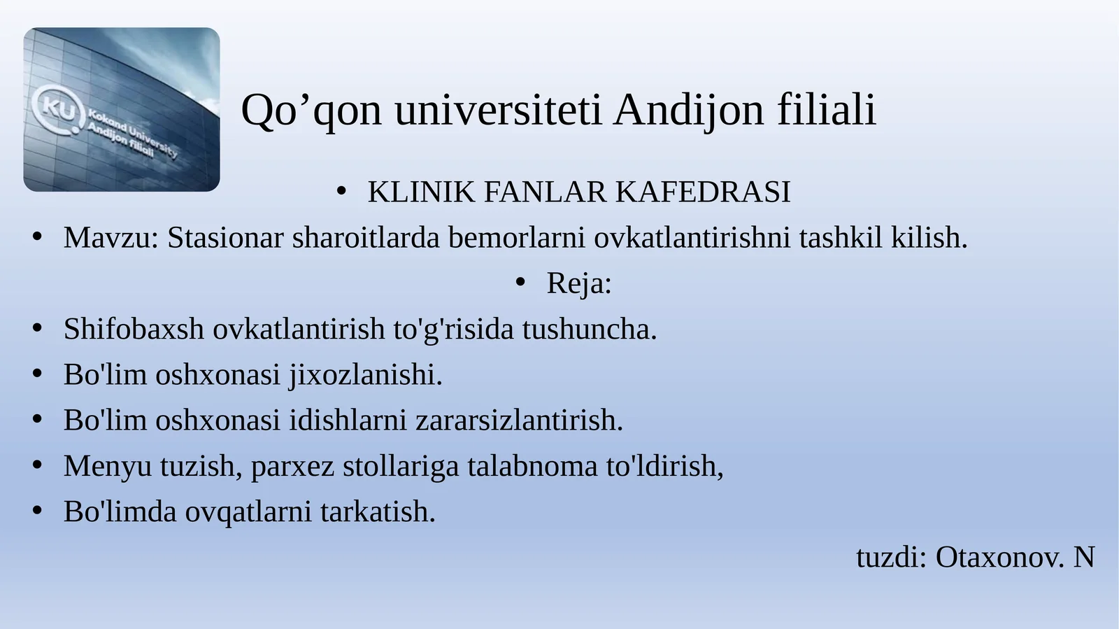 Stasionar sharoitlarida bemorlarni ovqatlanitirish