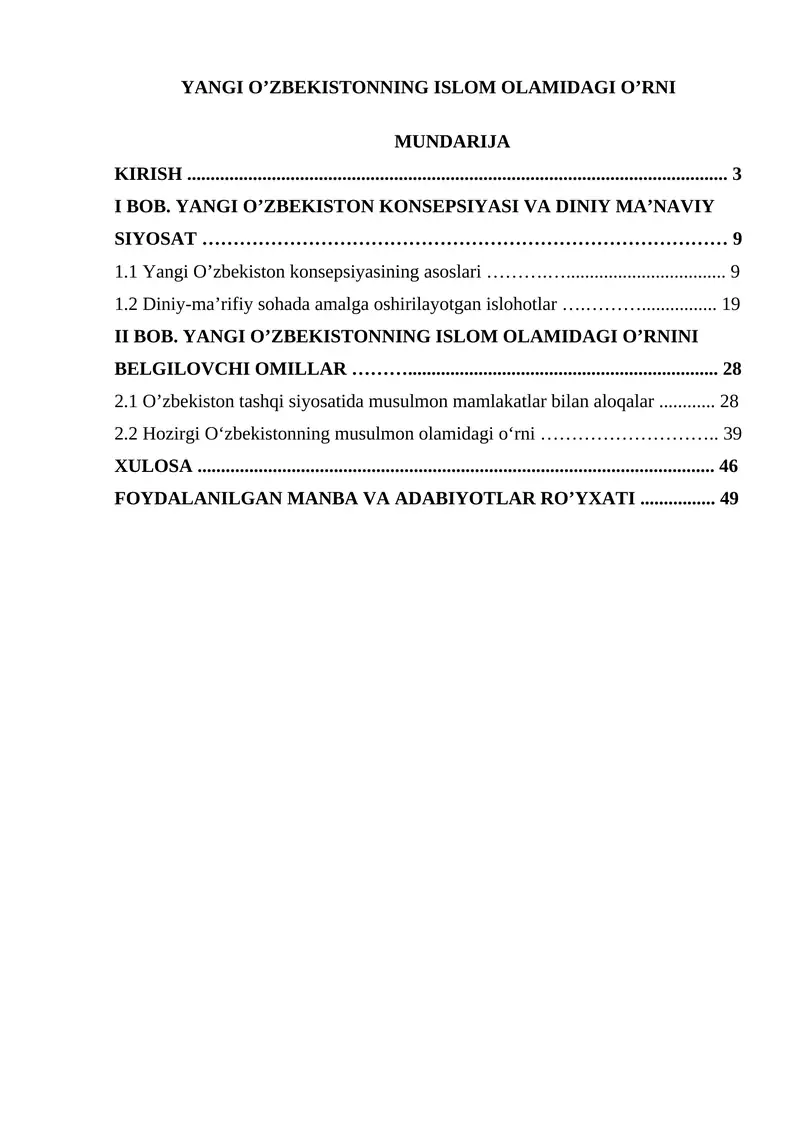 YANGI O’ZBEKISTONNING ISLOM OLAMIDAGI O’RNI