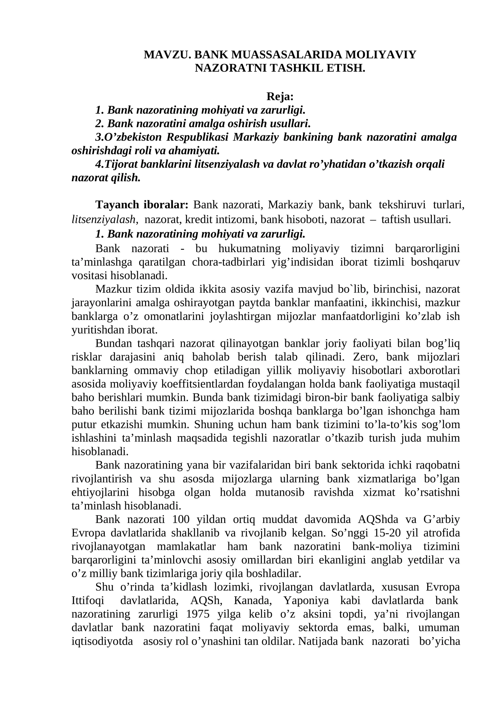 BANK MUASSASALARIDA MOLIYAVIY NAZORATNI TASHKIL ETISH