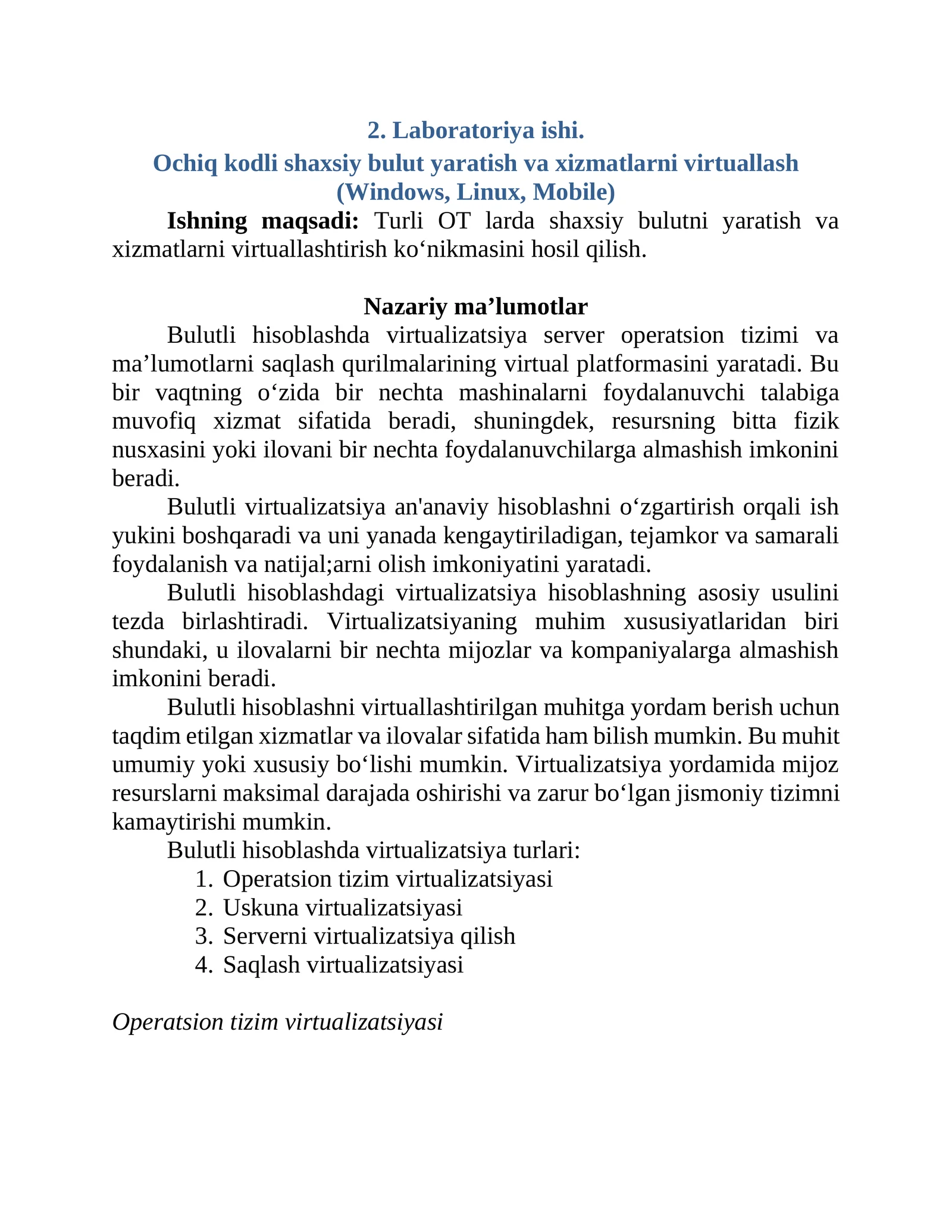Ochiq kodli shaxsiy bulut yaratish va xizmatlarni virtuallash (Windows, Linux, Mobile)