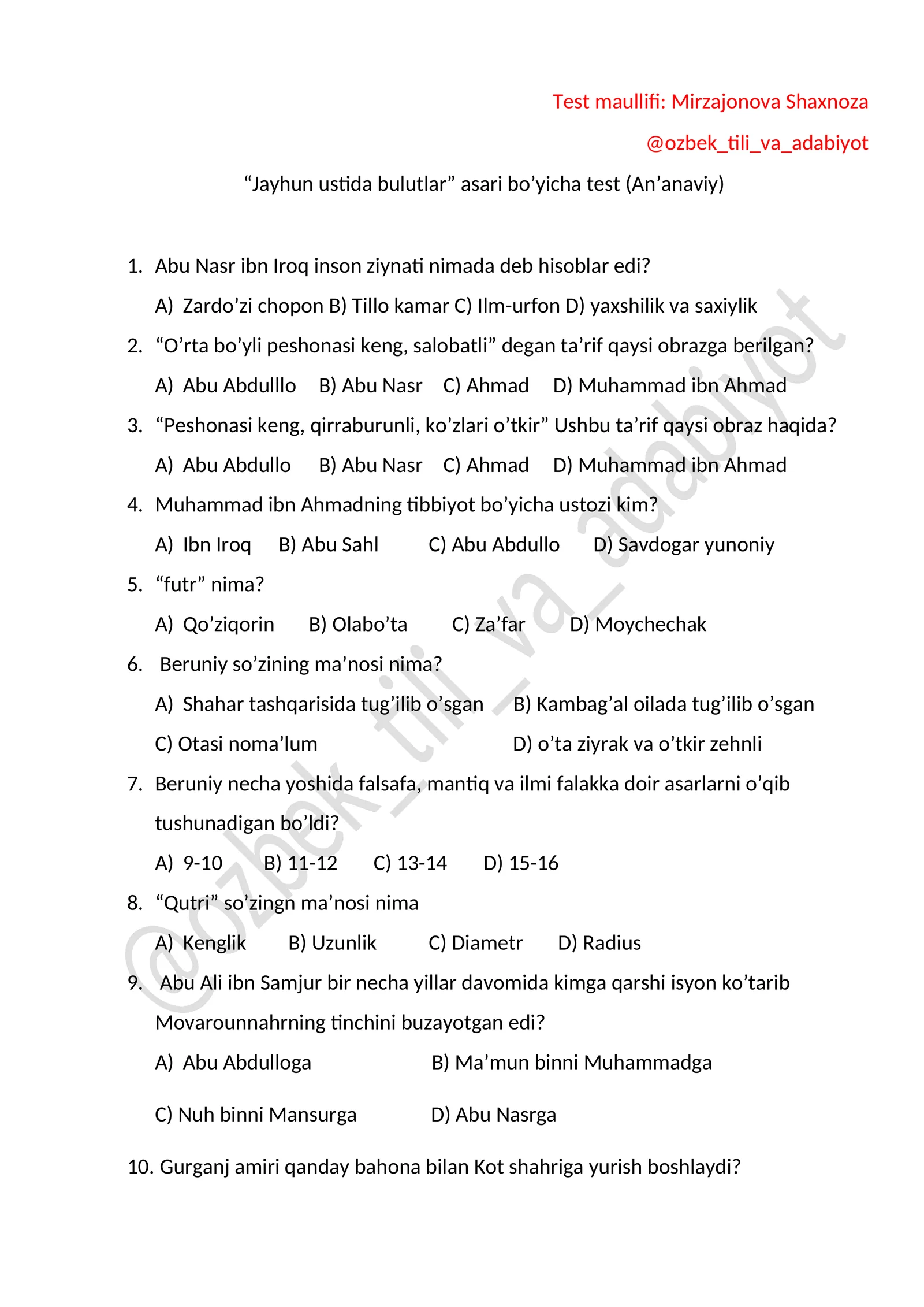 “Jayhun ustida bulutlar” asari bo’yicha test (An’anaviy)