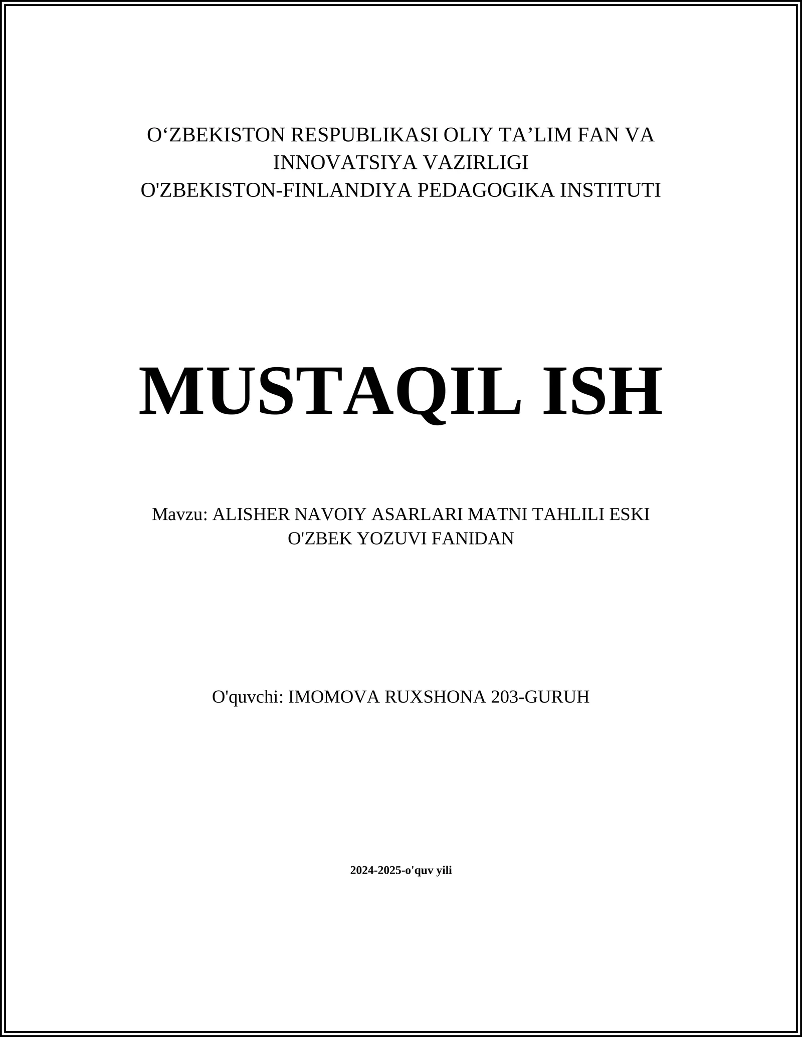 ALISHER NAVOIY ASARLARI MATNI TAHLILI ESKI O'ZBEK YOZUVI FANIDAN