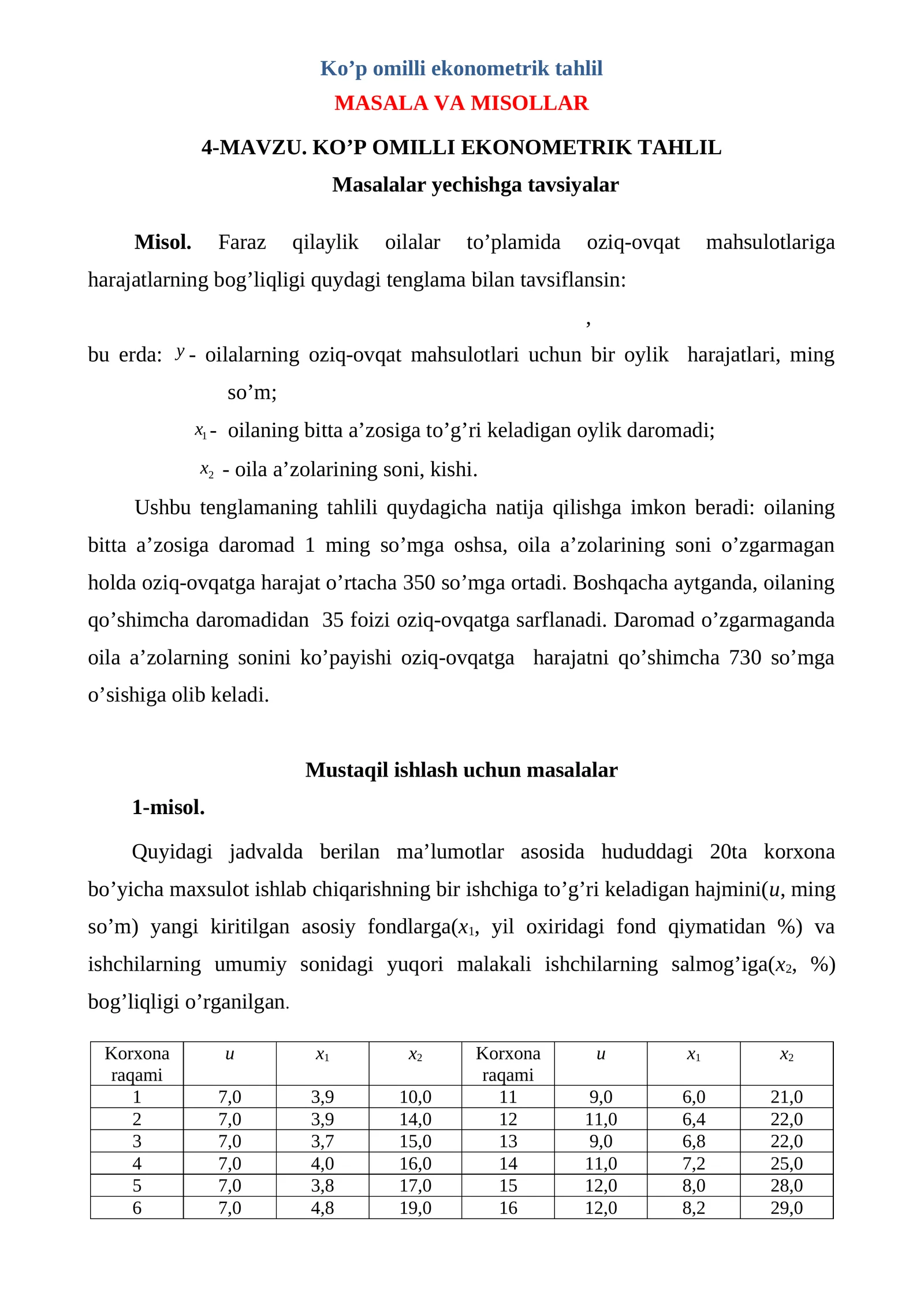 KO’P OMILLI EKONOMETRIK TAHLIL