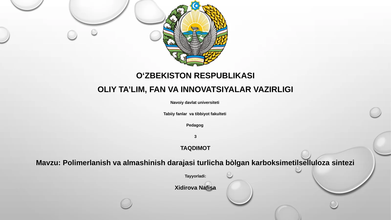 Polimerlanish va almashinish darajasi turlicha bòlgan karboksimetilselluloza sintezi